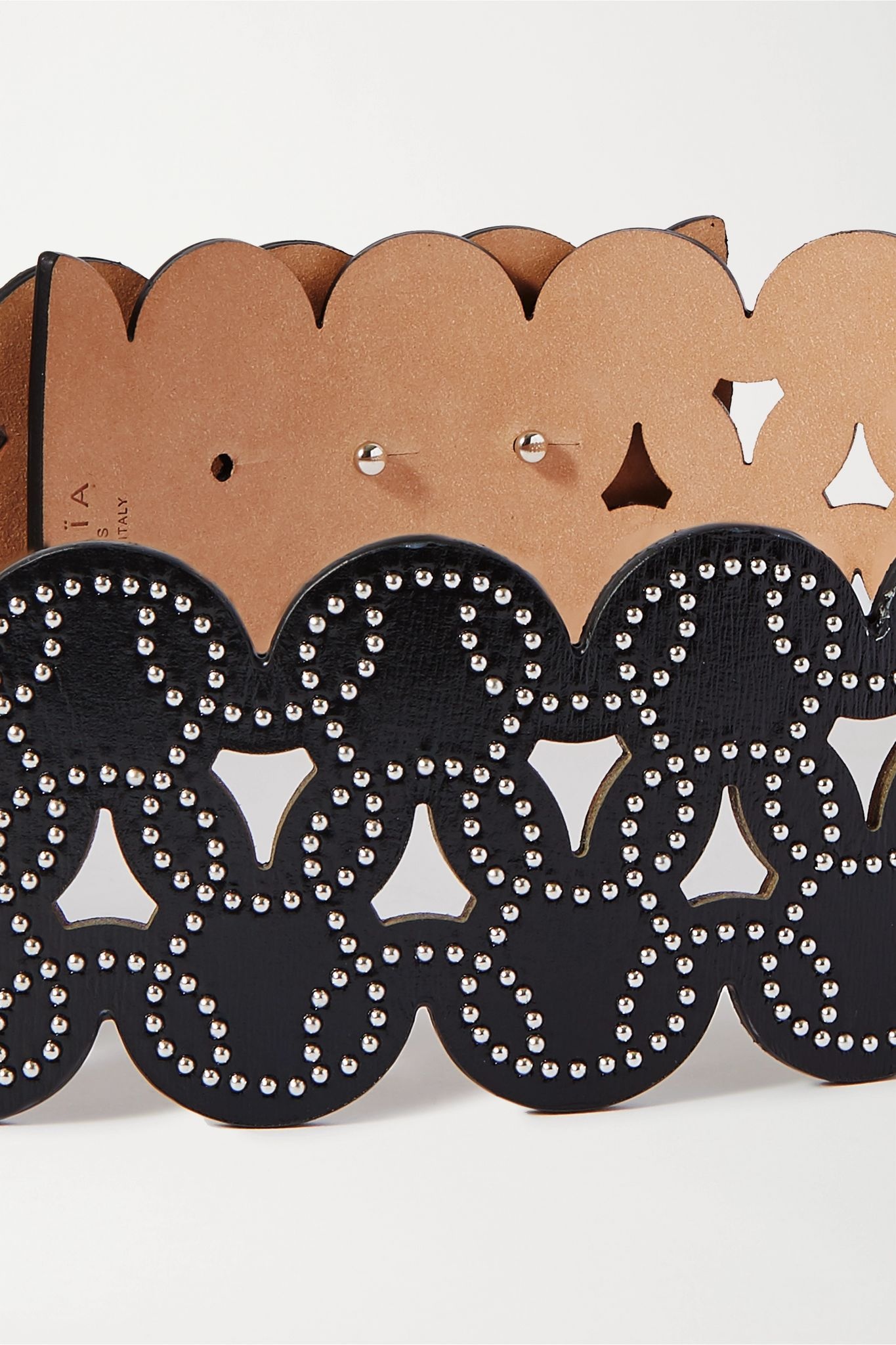 Studded laser-cut leather waist belt - 4