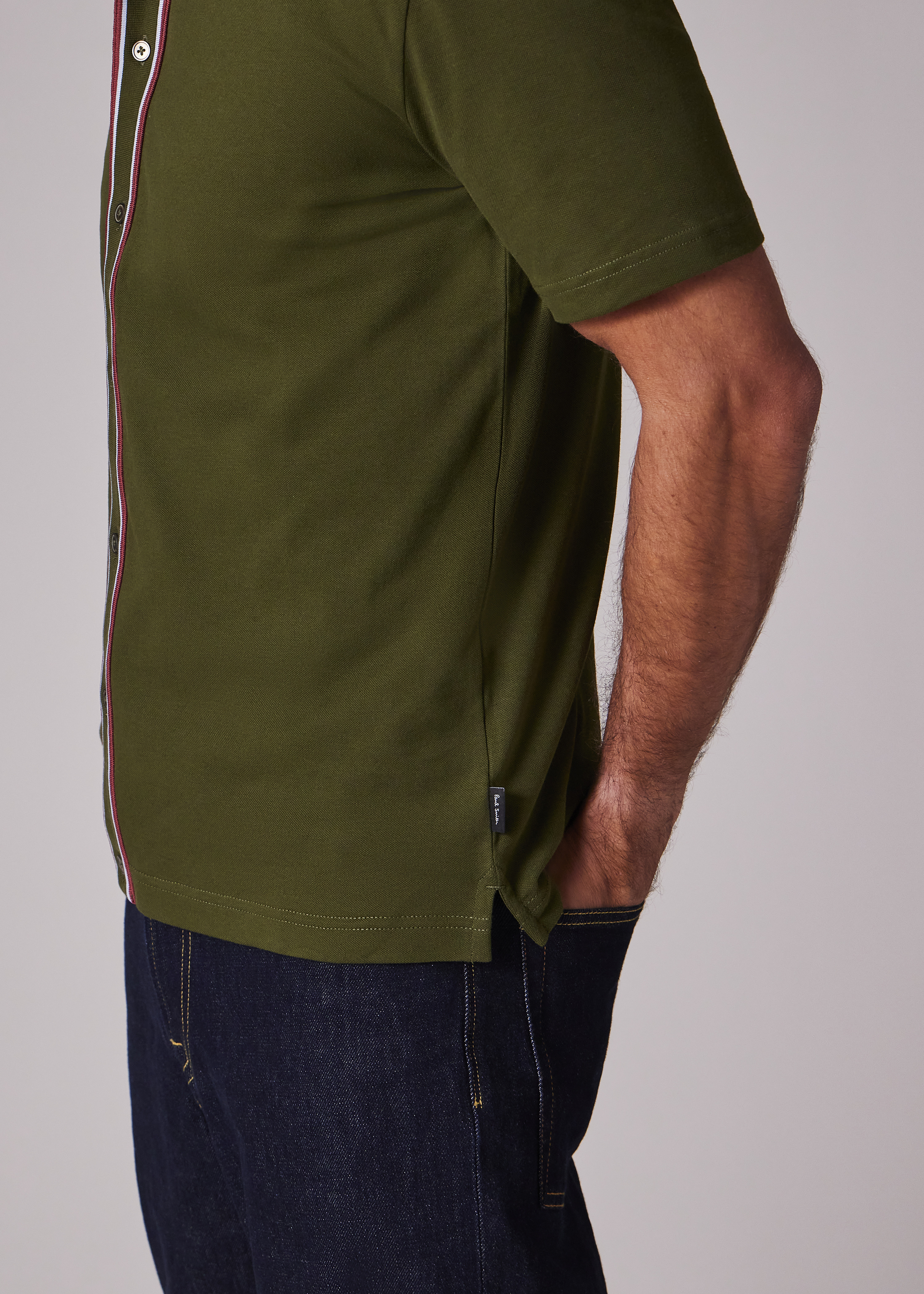 Khaki Green Button-Front Stretch-Cotton Polo Shirt - 4