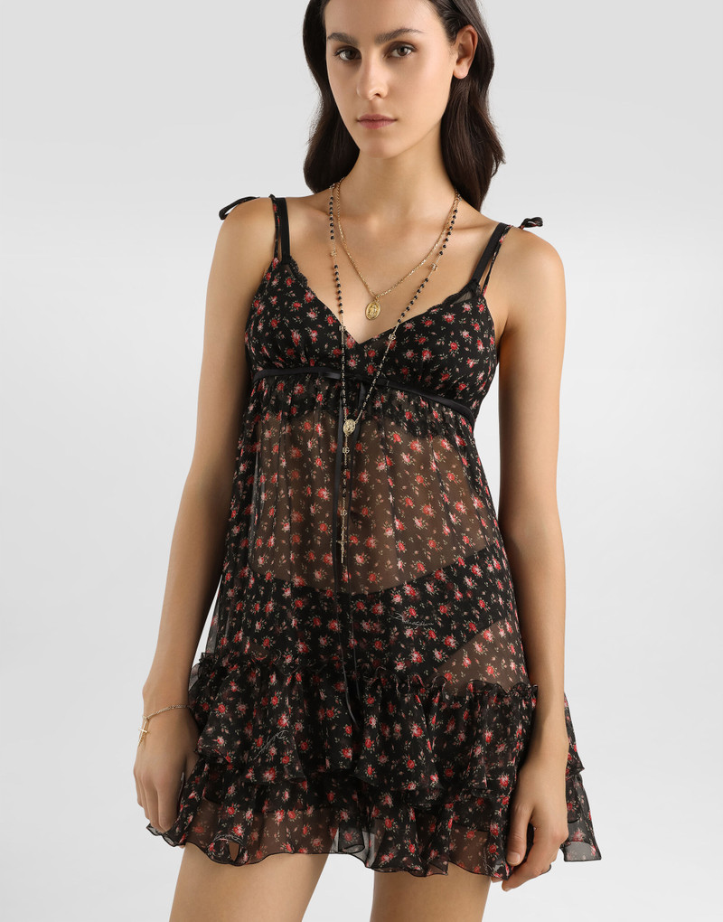 Small rose-print short chiffon dress 4