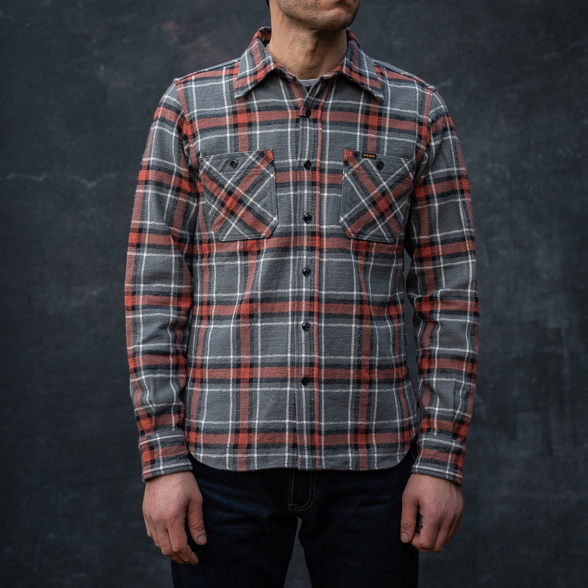 IHSH-375-GRY 12oz Slubby Heavy Flannel Herringbone Check Work Shirt - Grey - 5