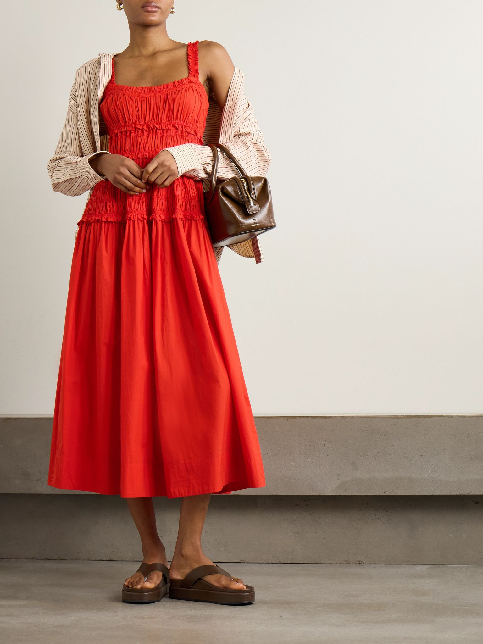 Marianne shirred cotton-poplin midi dress Red - 2