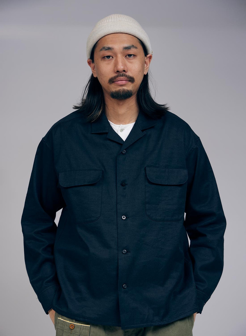 Nigel Cabourn Open Collar Shirt Linen Fleece in Dark Navy outlook