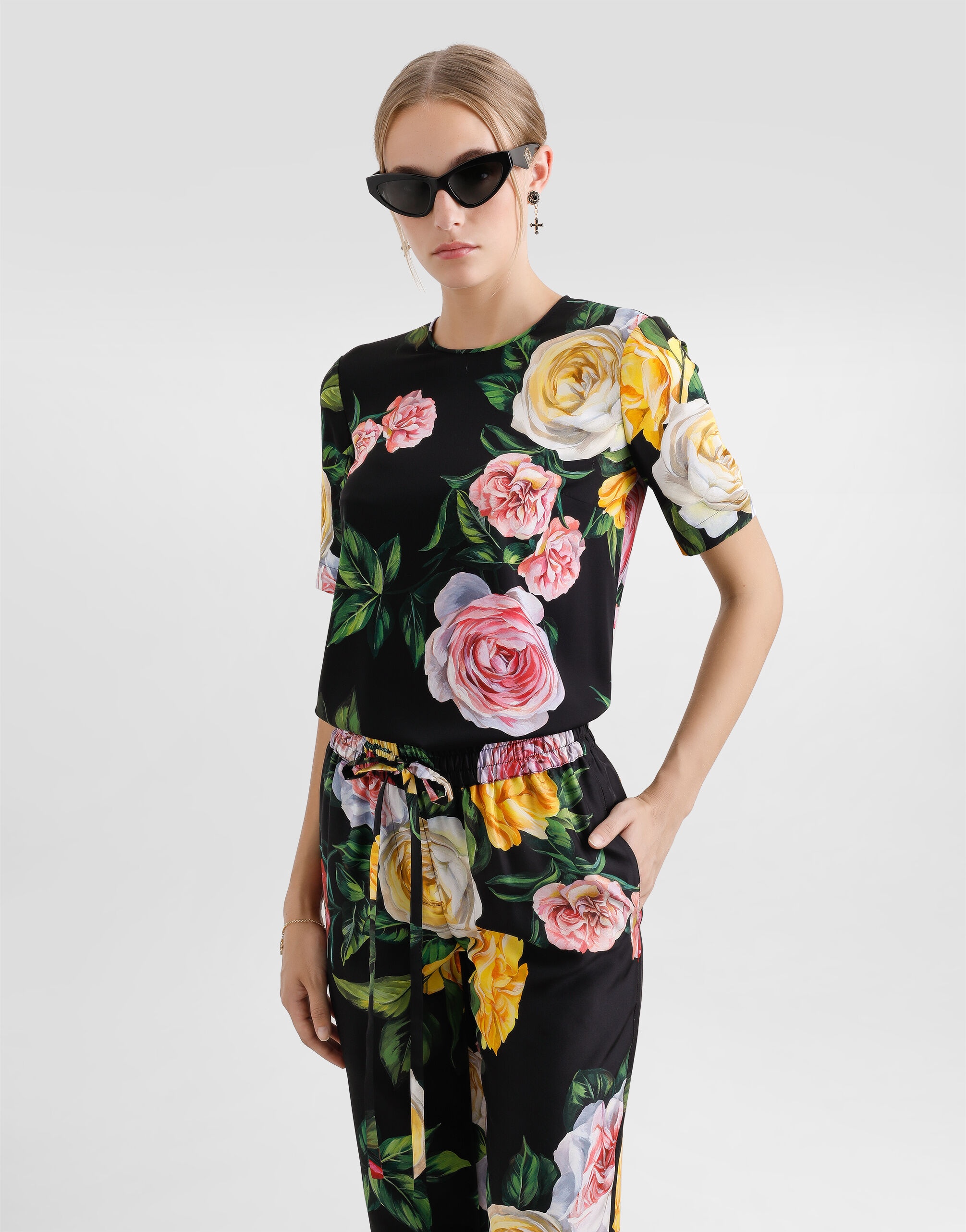 Silk charmeuse blouse with peony and rose print - 4
