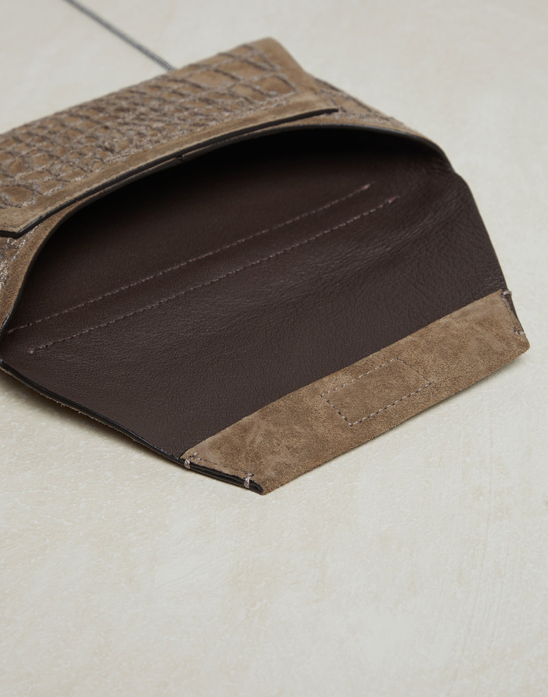 Brunello Cucinelli Crocodile embroidery envelope bag in suede with precious chain outlook