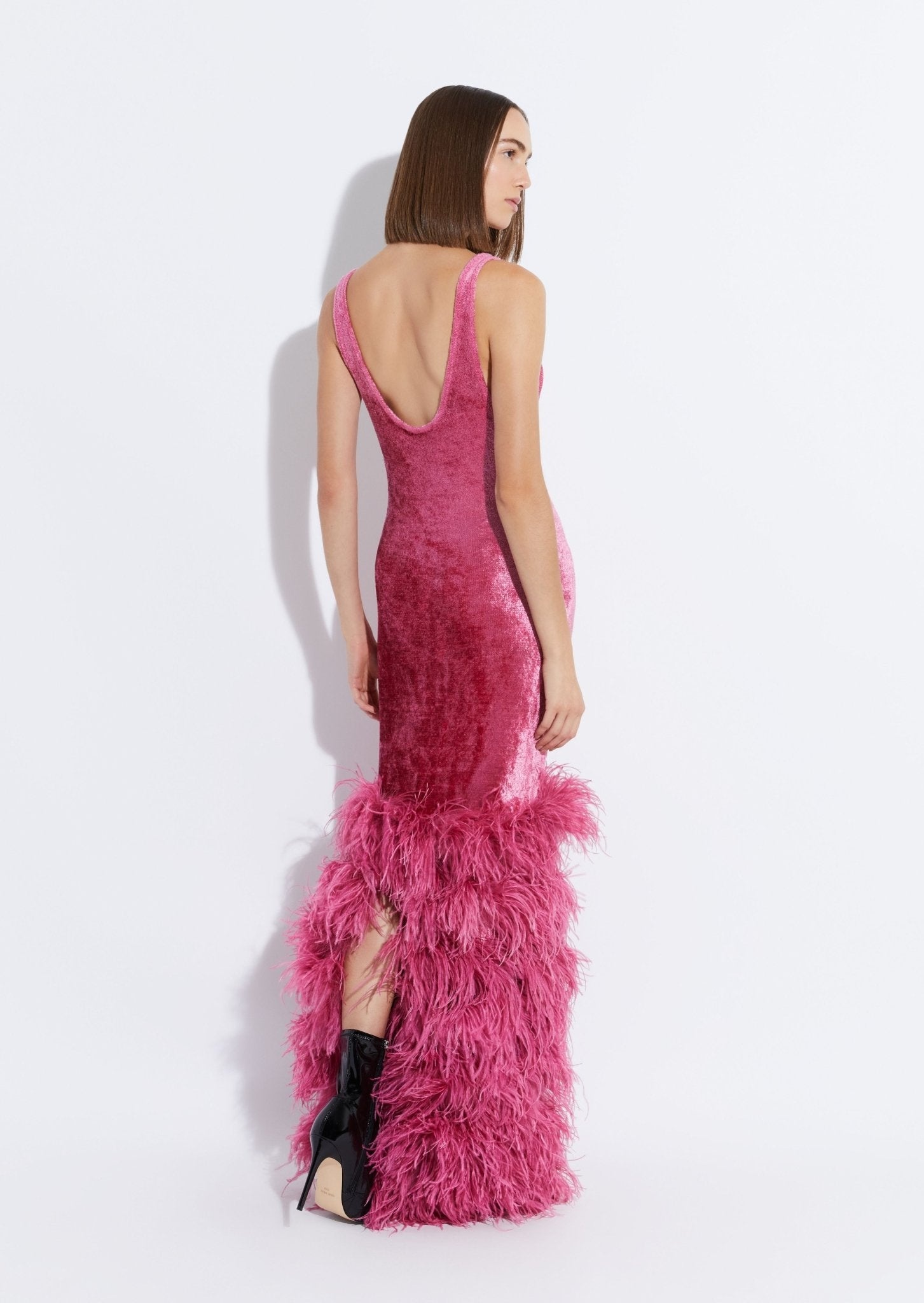 Velvet Scoop Neck Dress With Feathers - 3