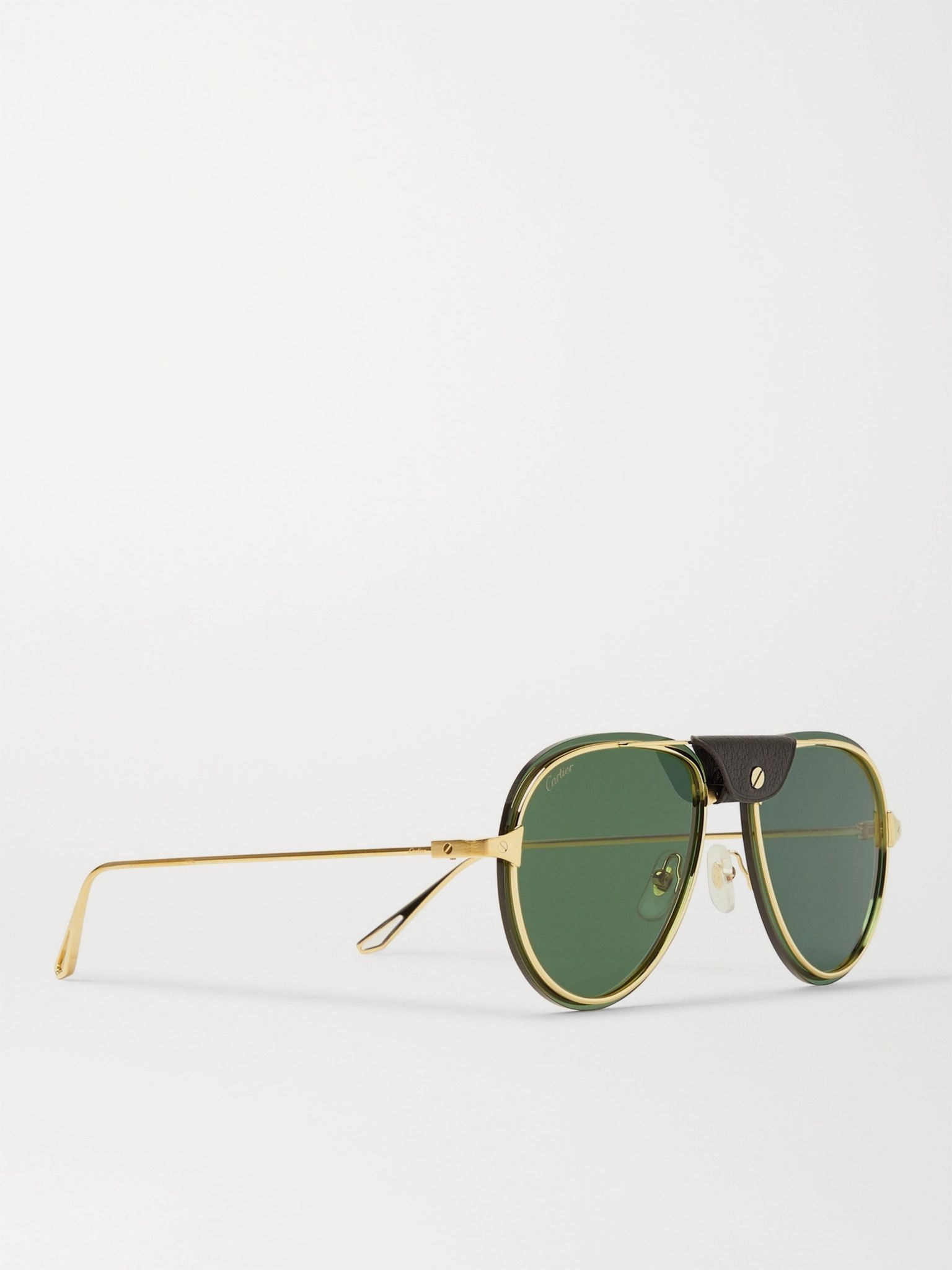 Aviator-Style Leather-Trimmed Gold-Tone Polarised Sunglasses - 3