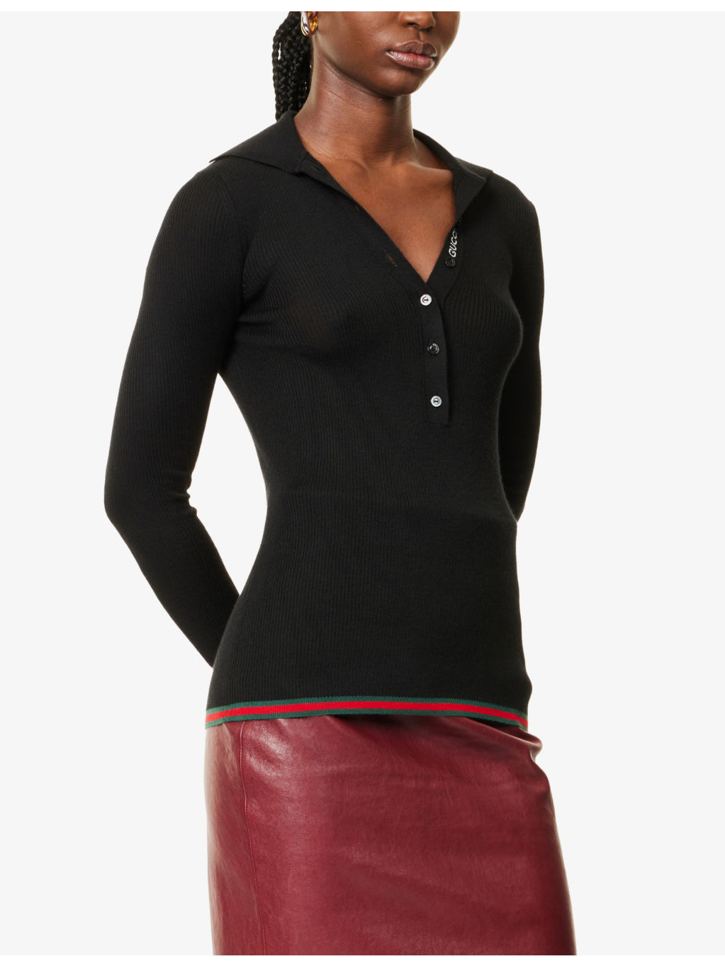 Polo-collar striped-trim cashmere-silk blend knit top - 3