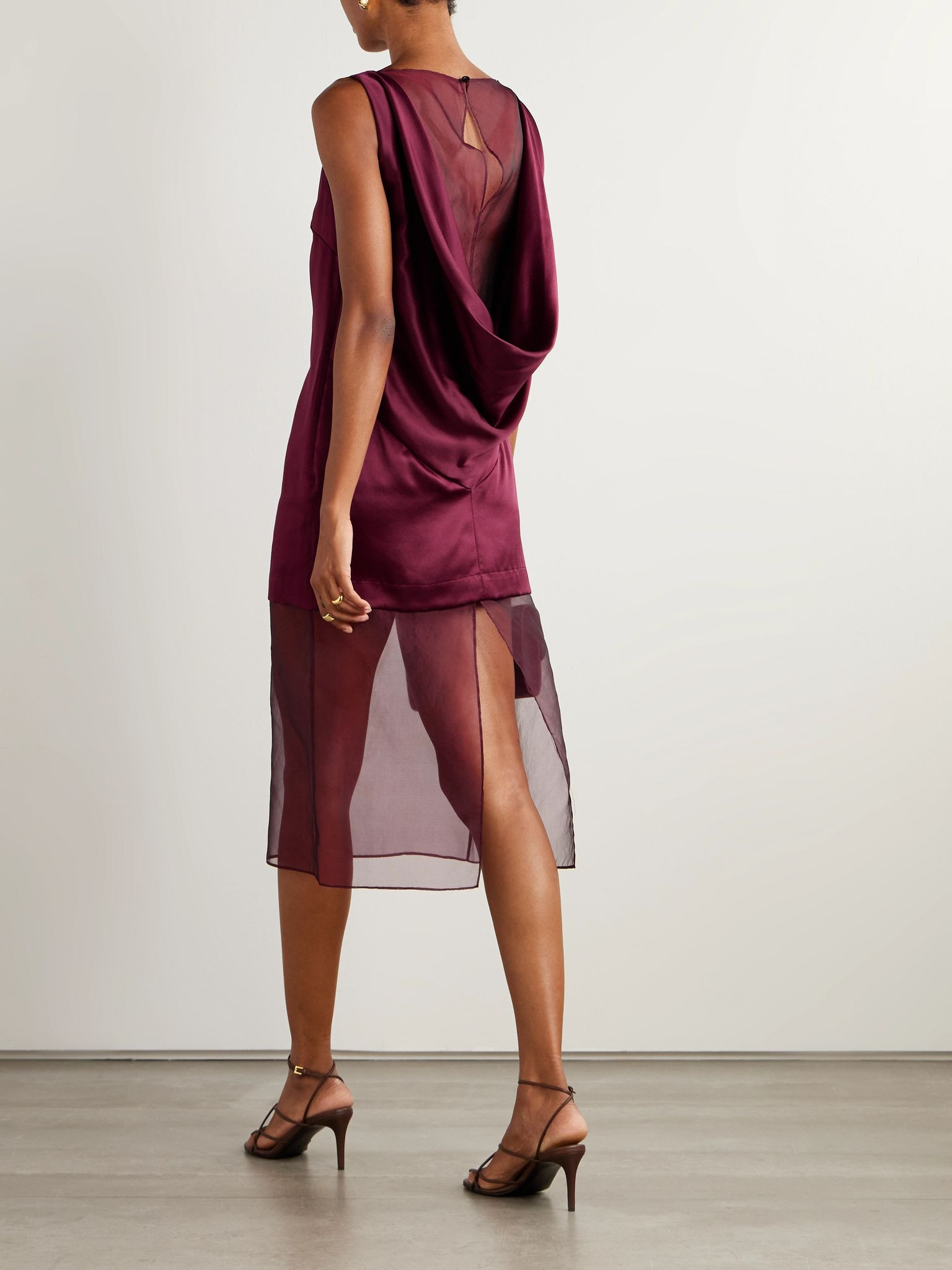 Rio Cowl organza-trimmed silk-satin midi dress Burgundy - 2