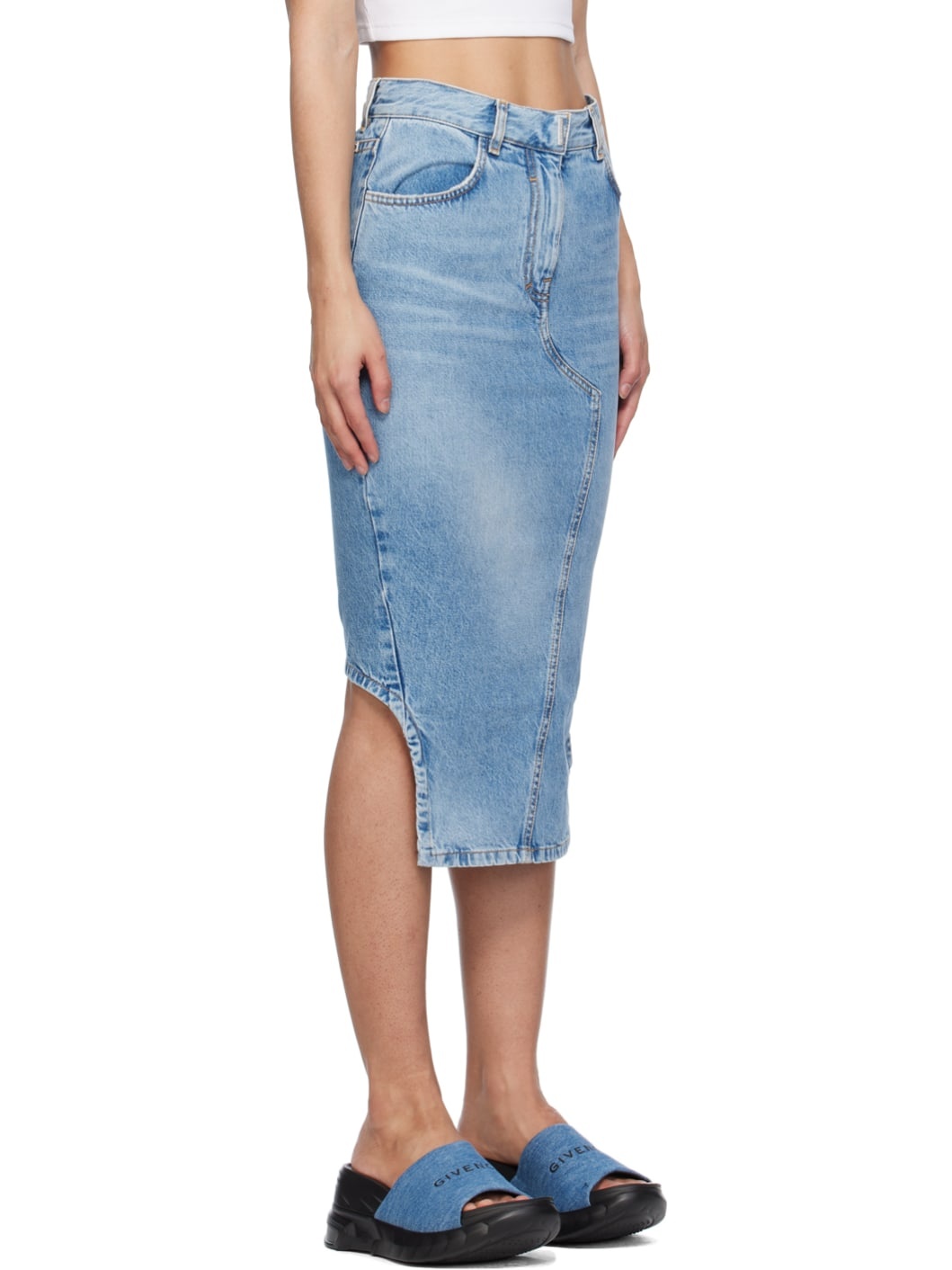 Blue Asymmetric Denim Midi Skirt - 2