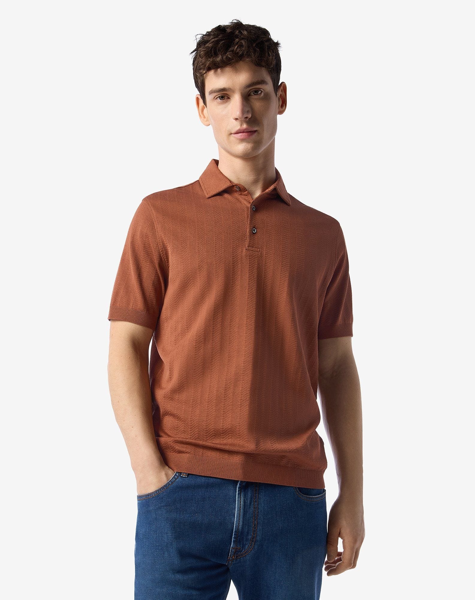 Burnt earth button-up lisle thread polo shirt - 2