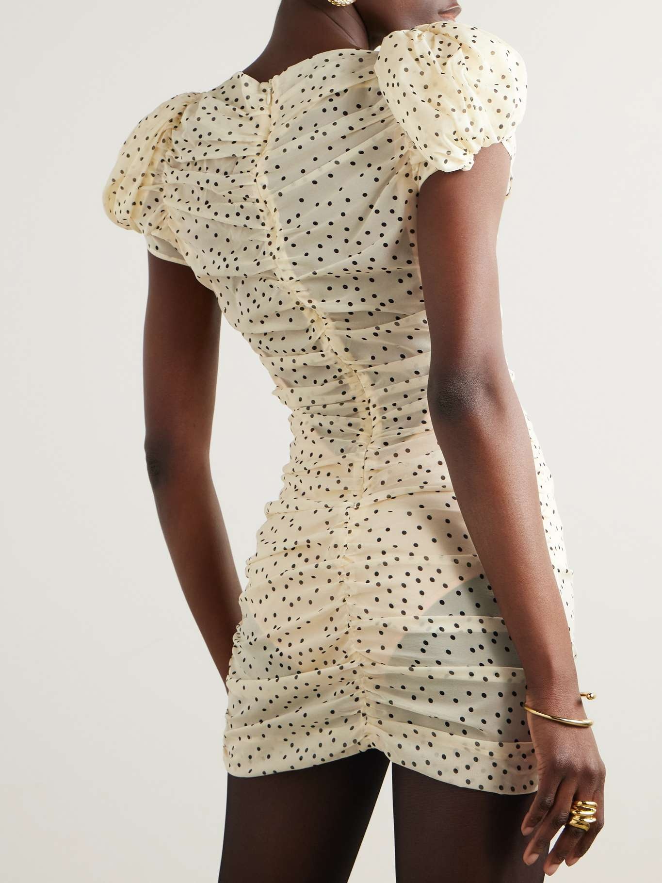 Ruched polka-dot silk-blend chiffon mini dress Cream - 3