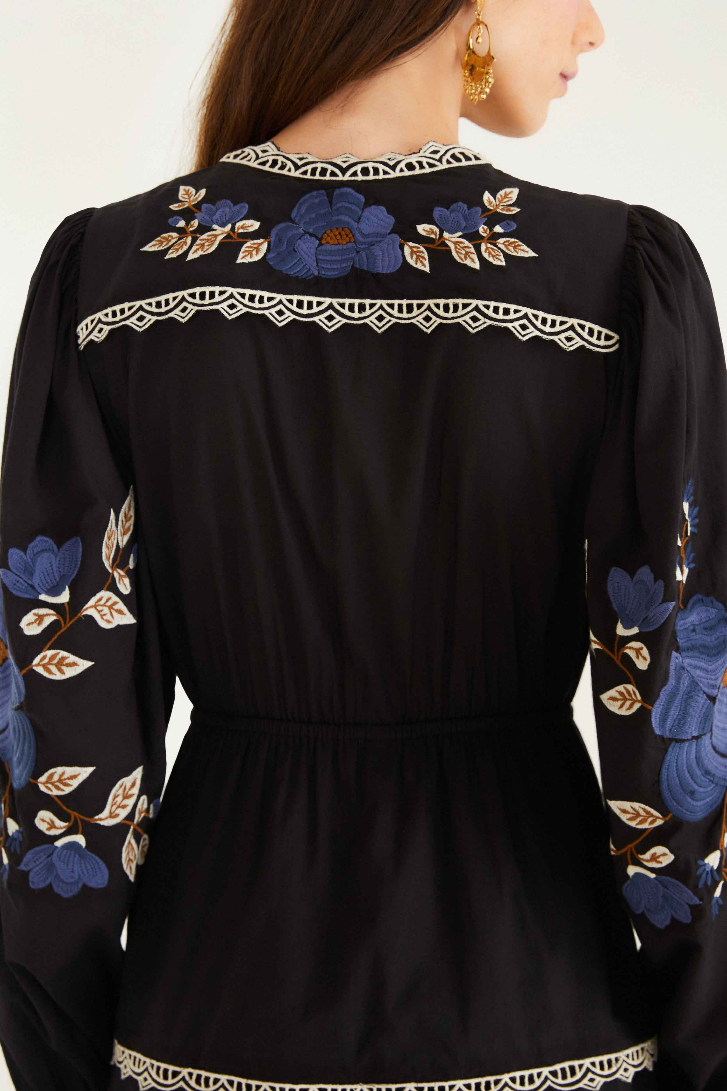 Black Embroidered Flowers Long Sleeve Midi Dress - 6