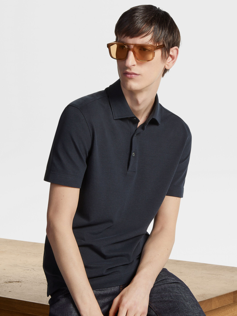 NAVY BLUE COTTON AND SILK POLO SHIRT 5