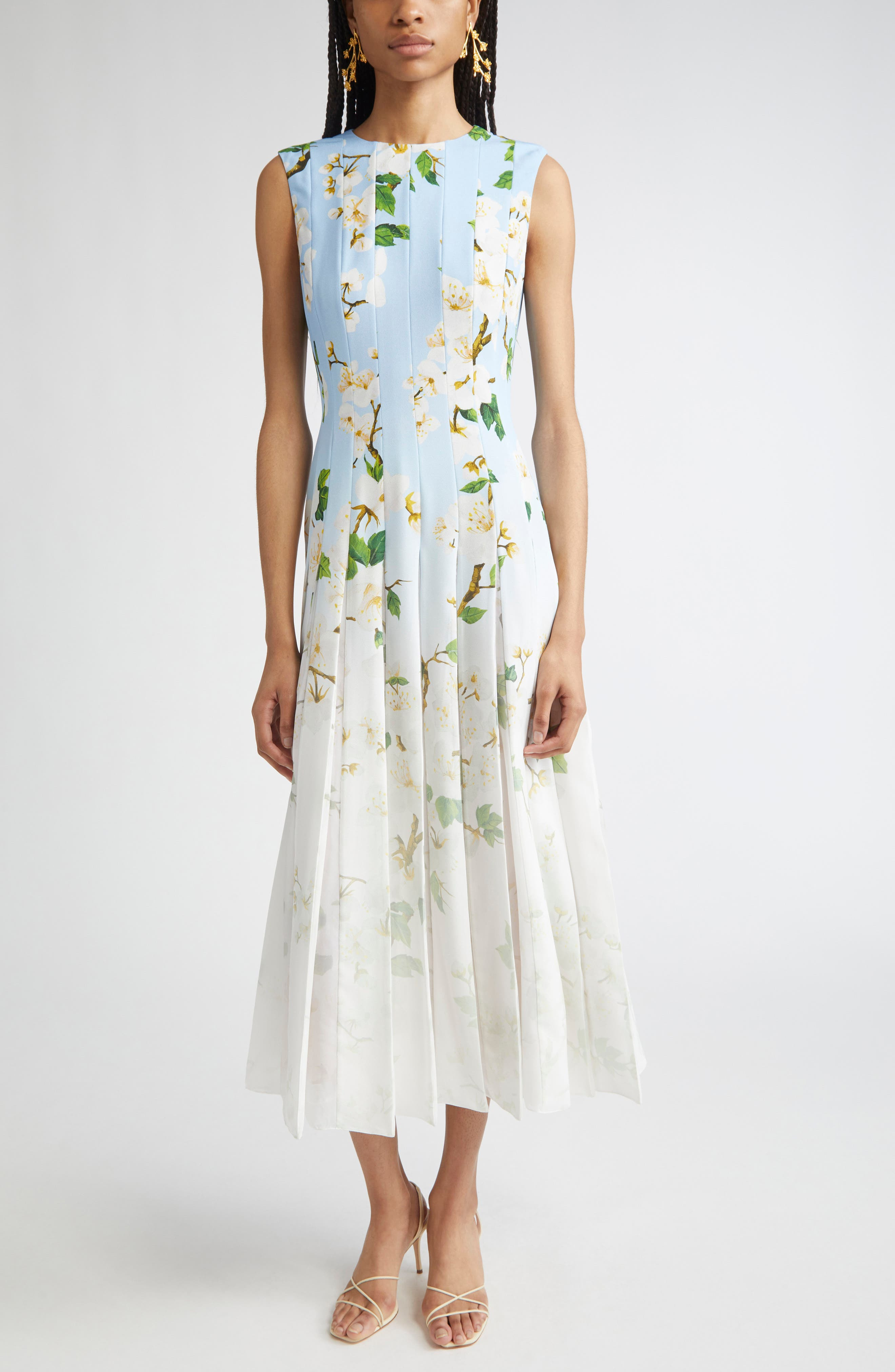 Oscar de la Renta Cherry Blossom Ombré Sleeveless Cady & Chiffon Dress in White Blue Ombre at Nordst - 1