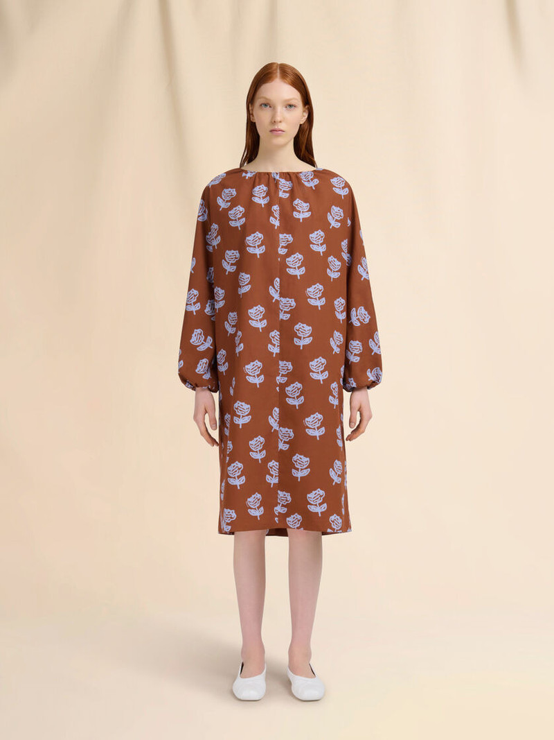 Marni BROWN POPLIN MIDI DRESS WITH SPRAYED ROSES PRINT outlook