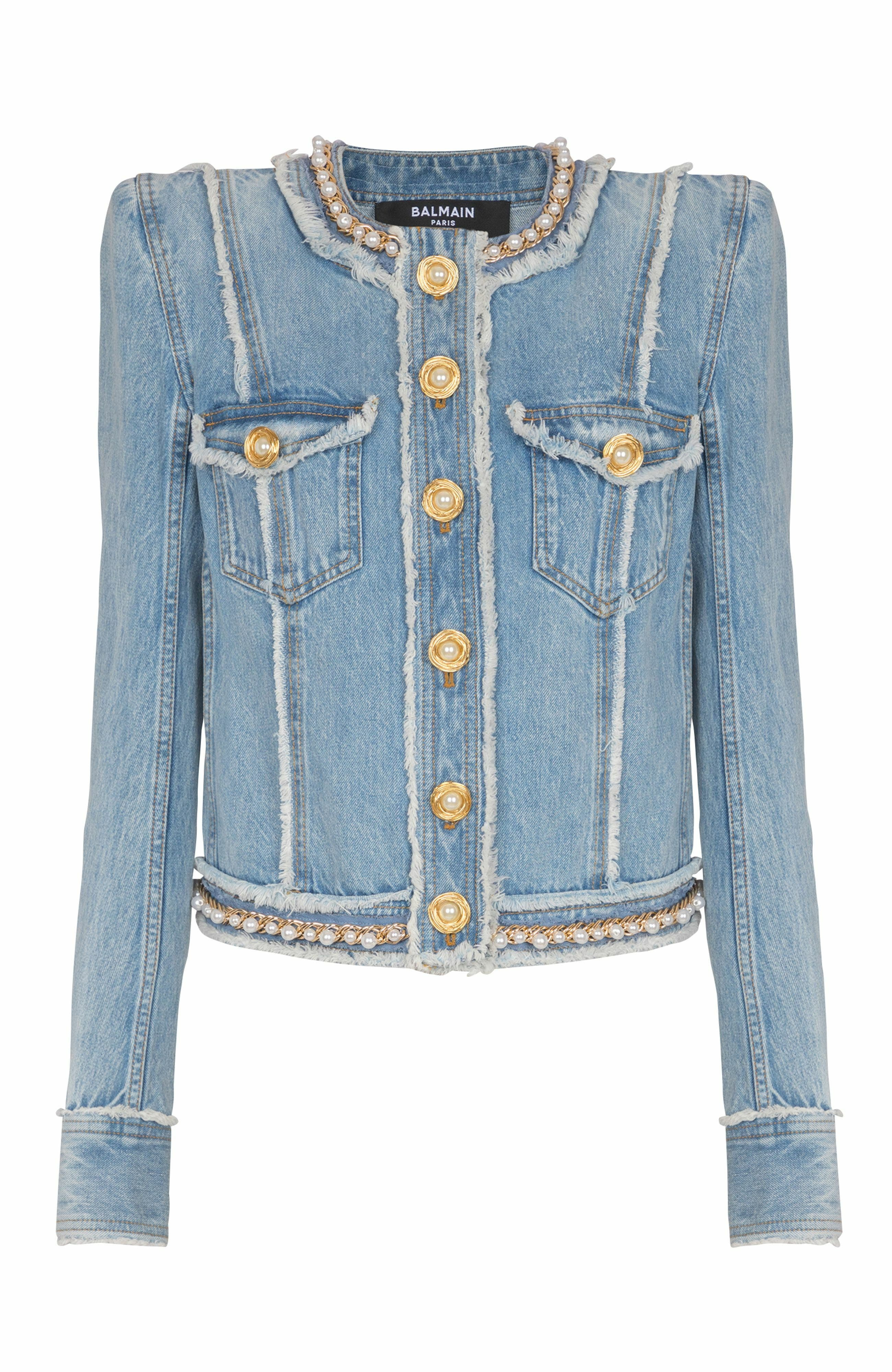 Balmain Denim jacket with pearl trim in Blue at Nordstrom - 1