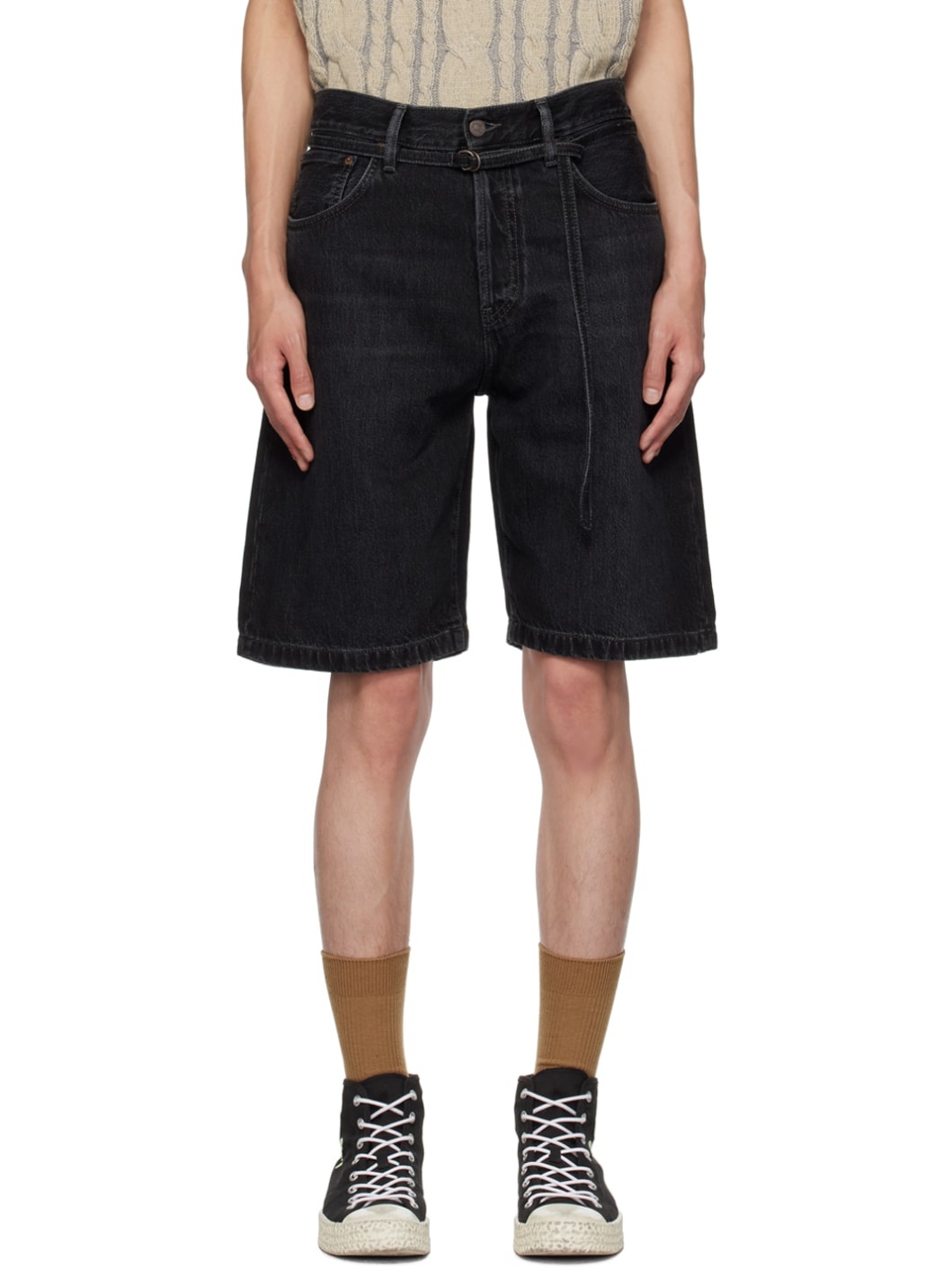 Black Belted Denim Shorts - 1