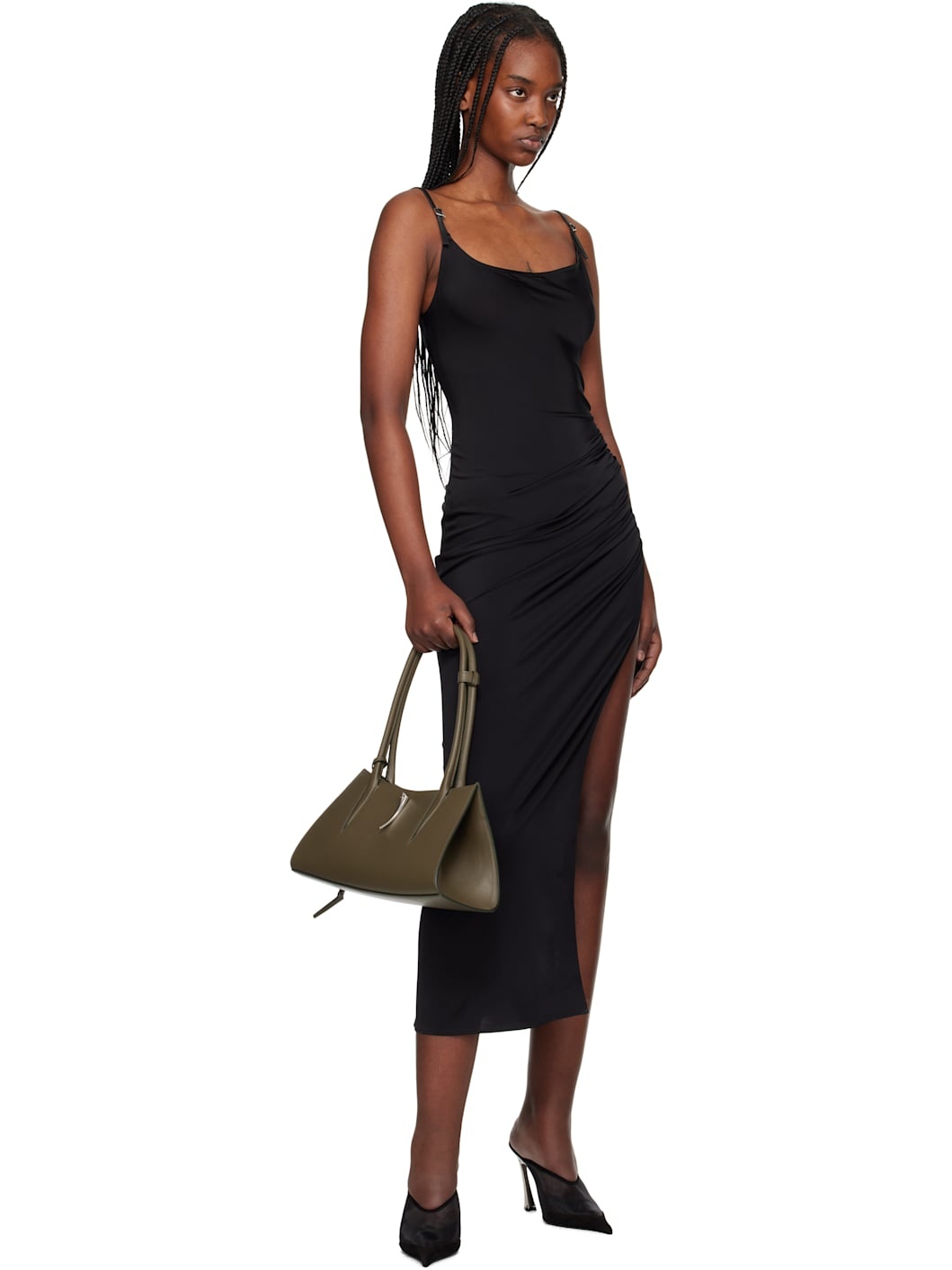 Black Asymetrical Buckled Strap Midi Dress - 5