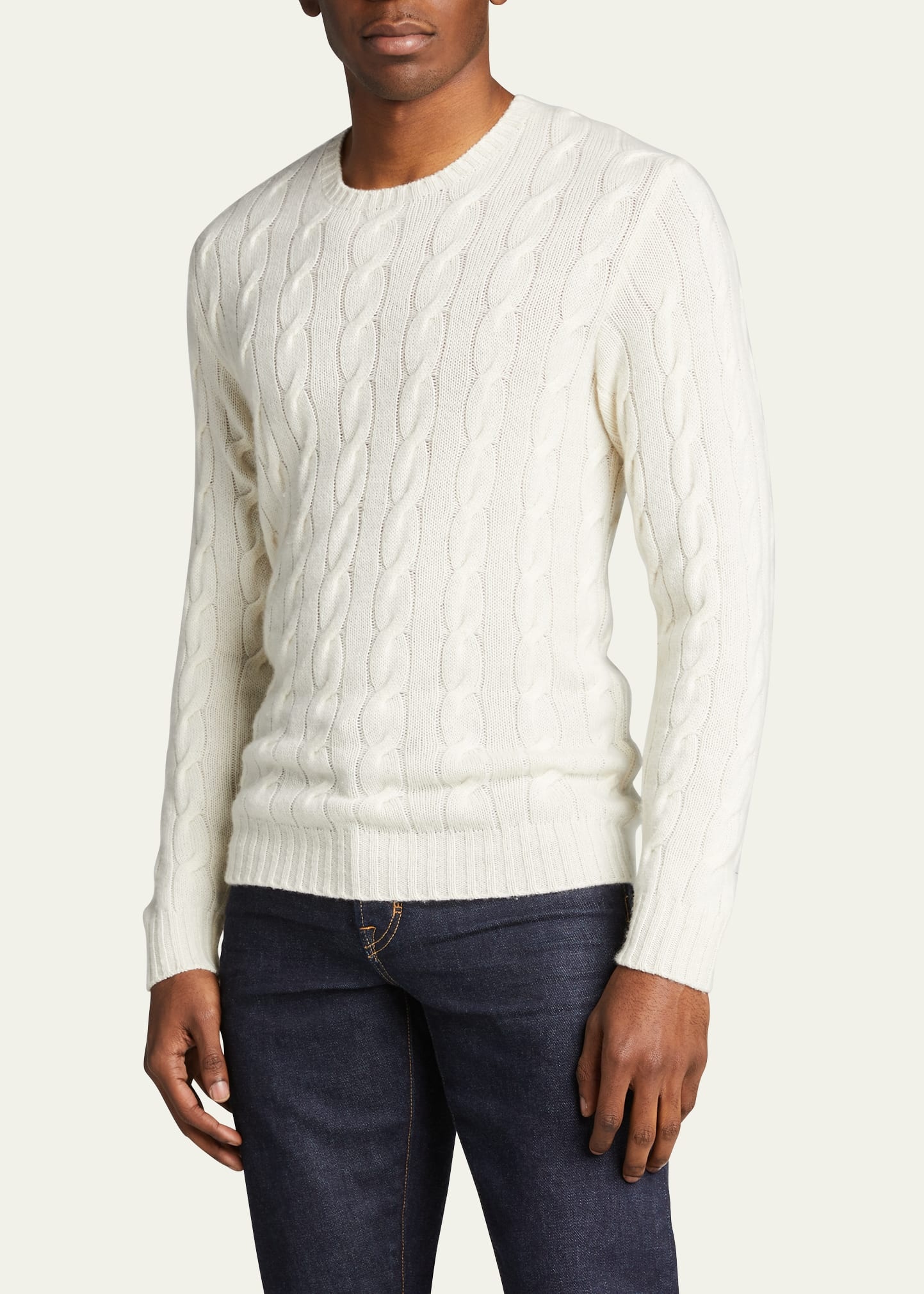 Cashmere Cable-Knit Crewneck Sweater, Cream - 4