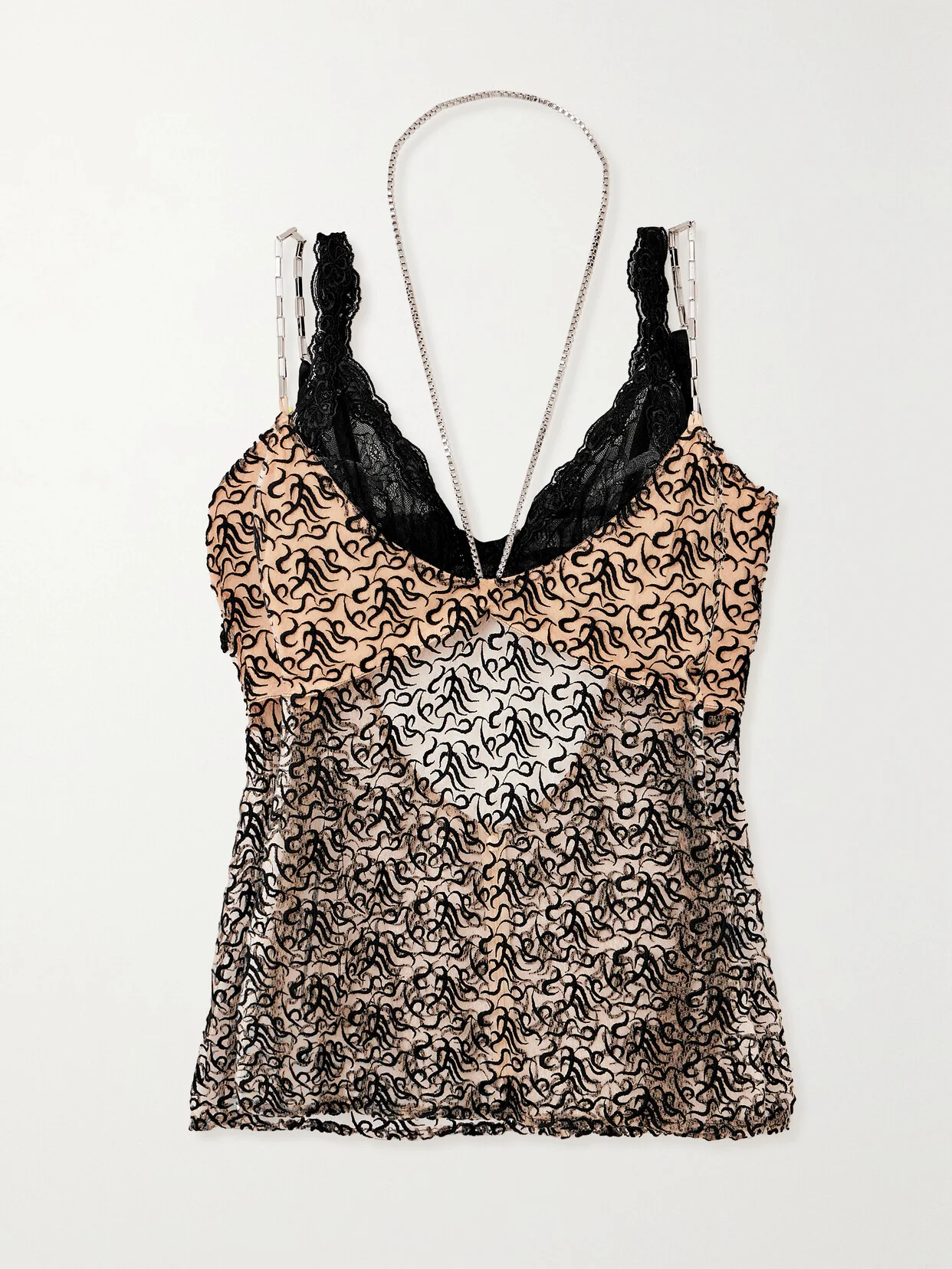 Convertible Chain-embellished Lace-trimmed Embroidered Tulle Camisole - 1