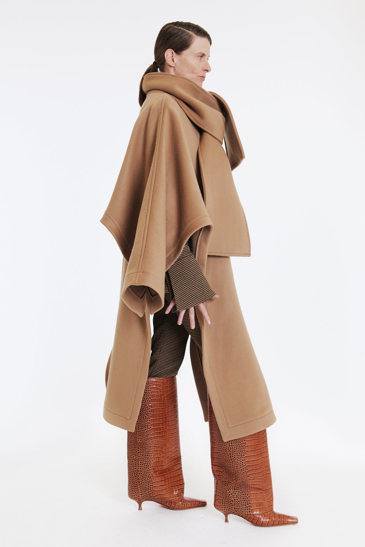 OPEN SLEEVE PONCHO COAT WITH SCARF DETAIL BEIGE - 6
