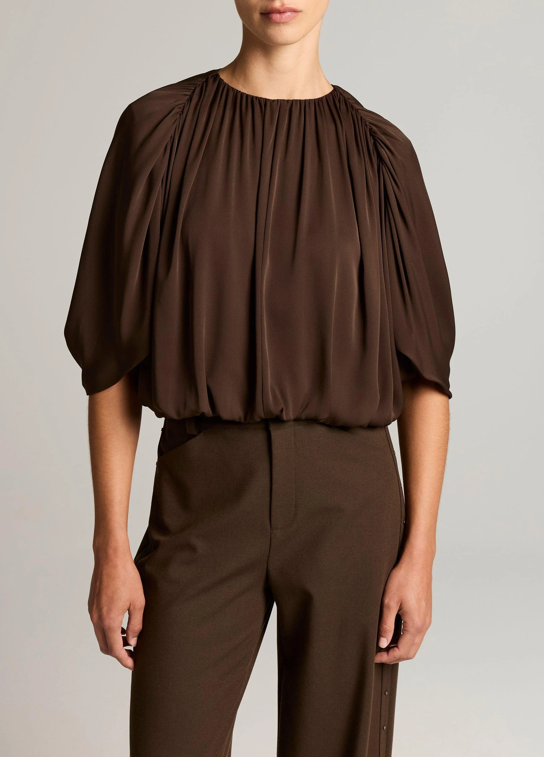 Stretch-Silk Cape-Sleeve Bubble Blouse - 1