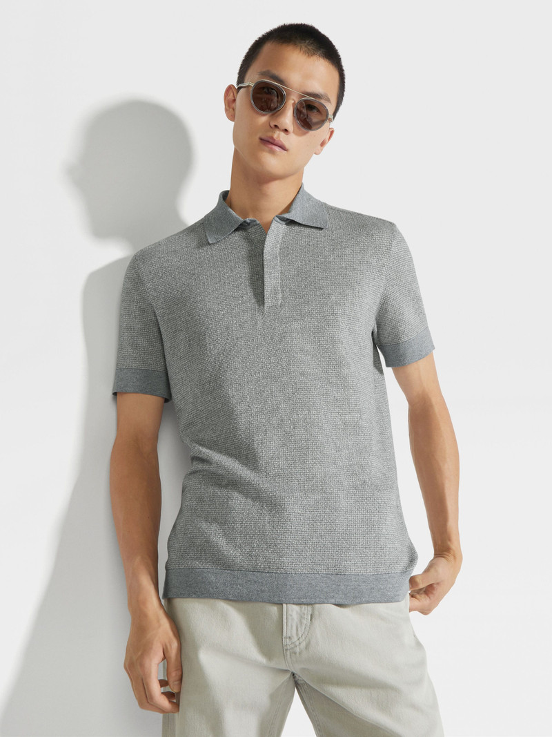 GREY MÉLANGE COTTON LINEN AND SILK POLO SHIRT 3