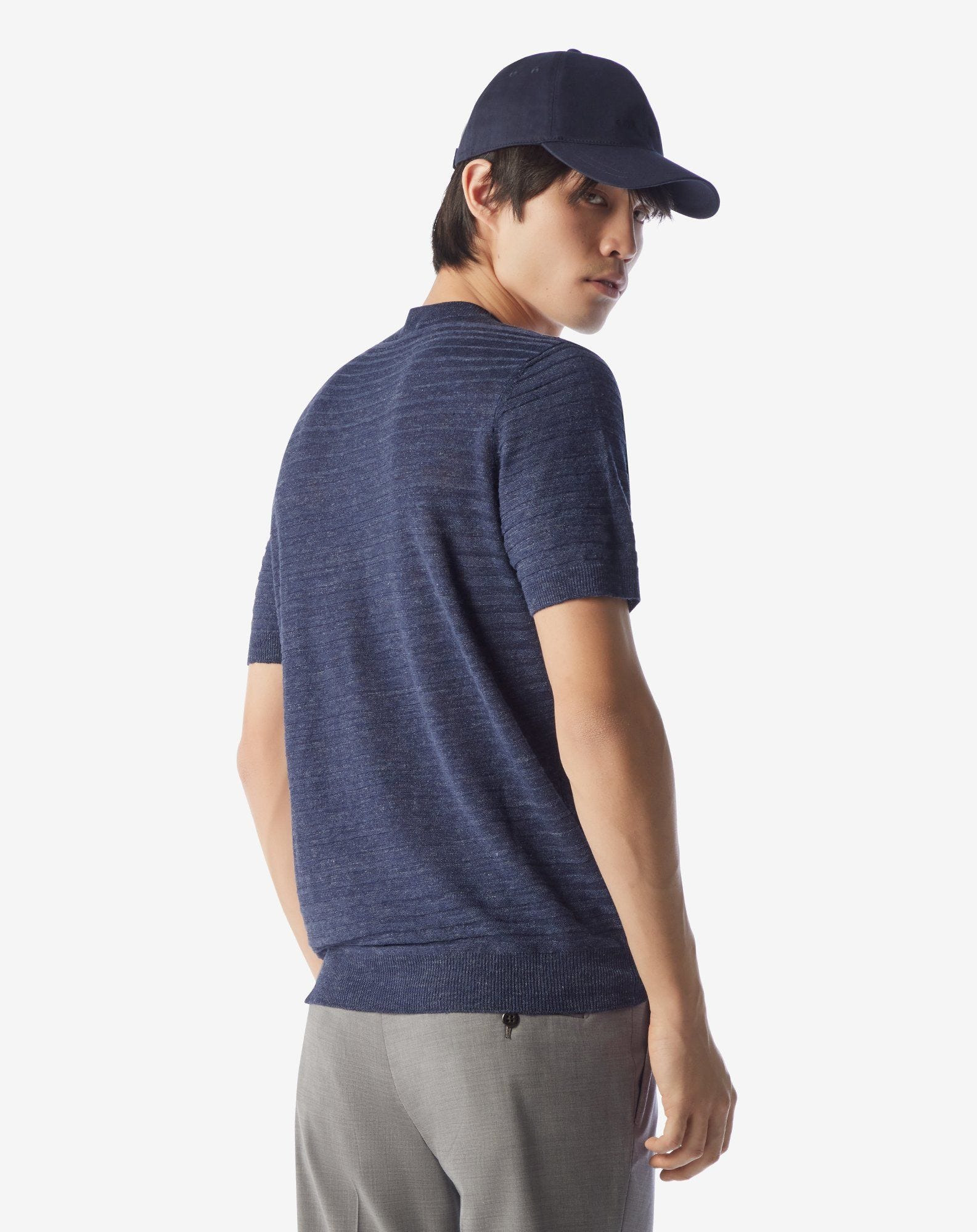 Denim blue crew neck linen and silk knitwear - 3