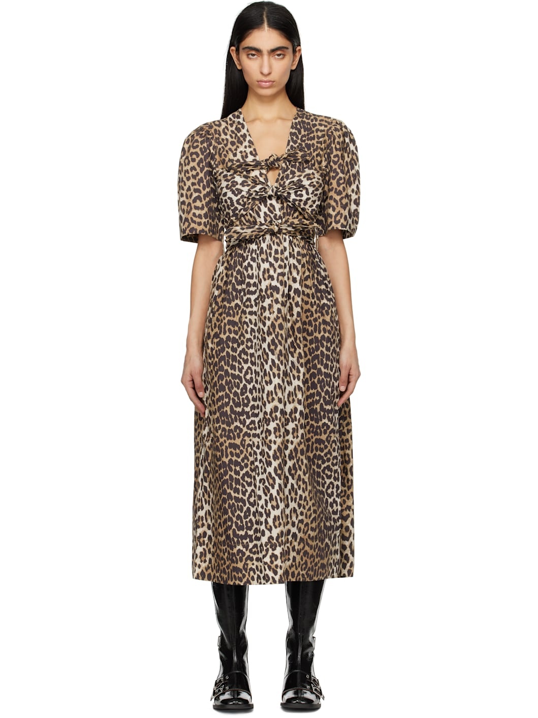 Beige & Brown Leopard Printed Cotton Tie Strap Midi Dress - 1