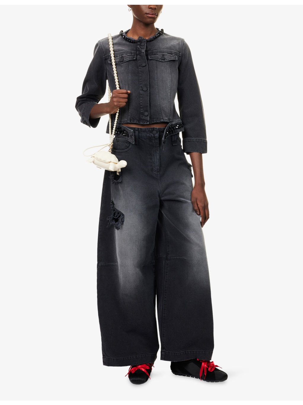 Embellished Distressed Wide-Leg Denim Jeans - 2