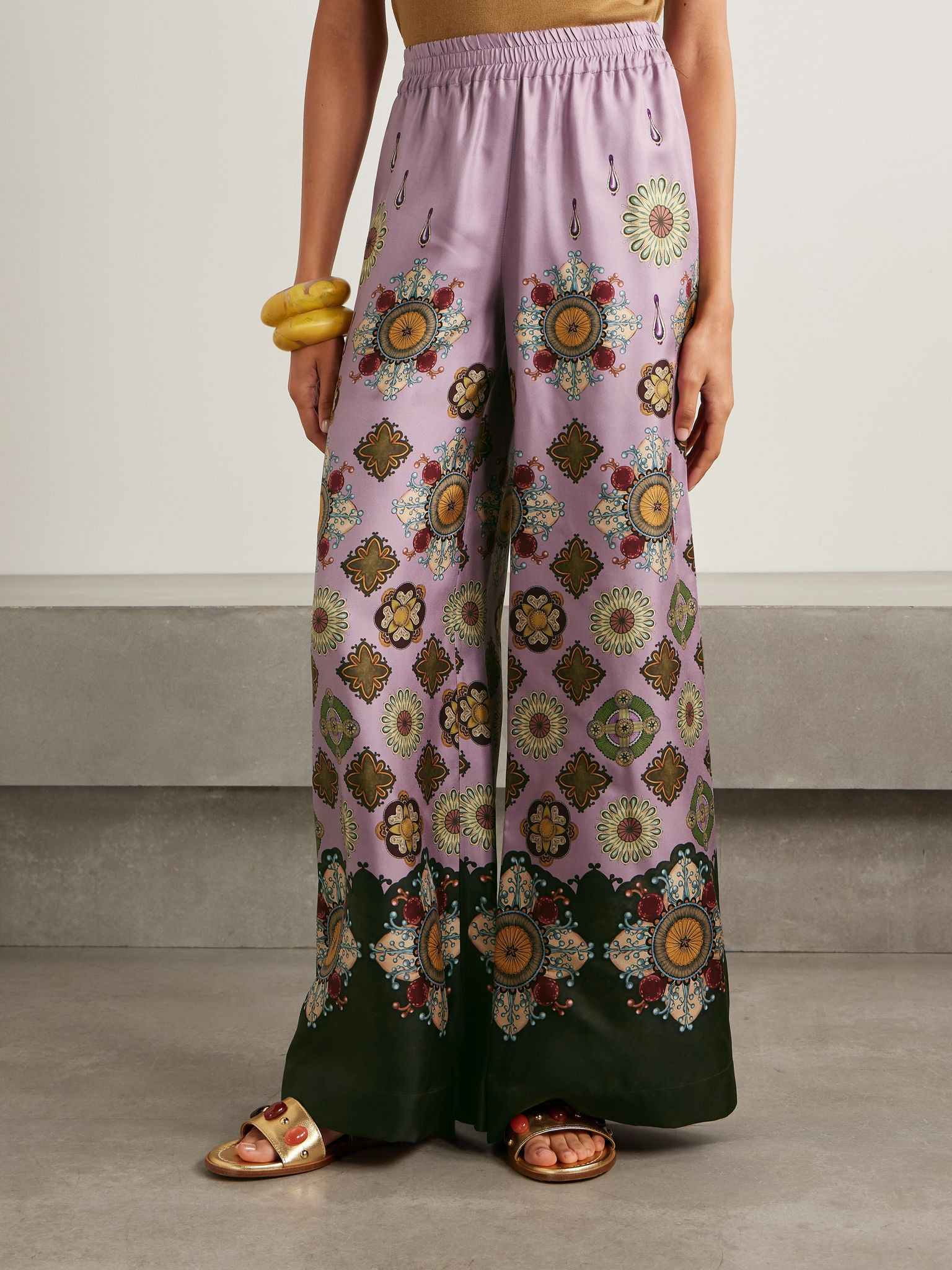 Icon Palazzo printed silk-twill wide-leg pants Purple - 3