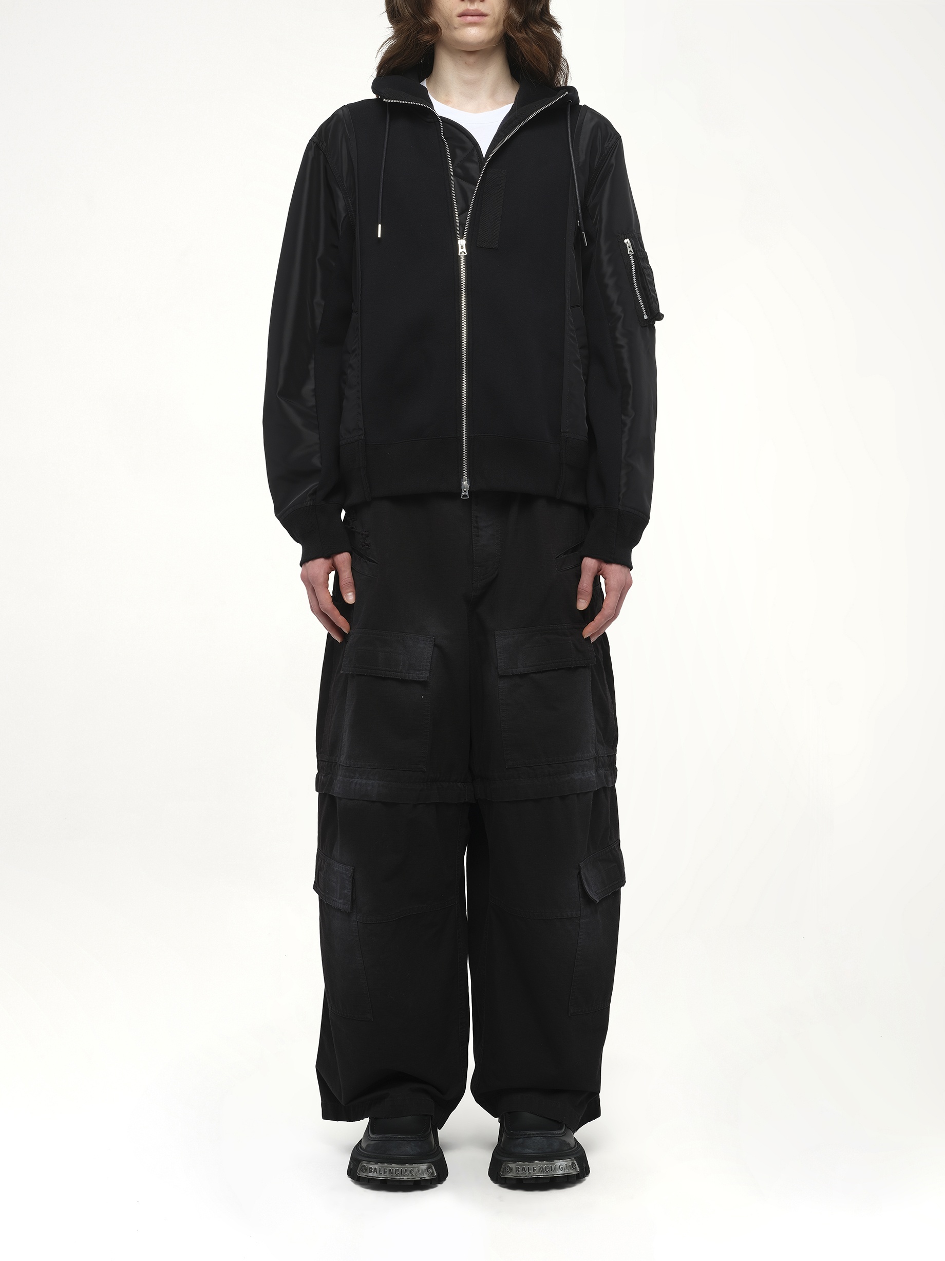 Sponge Sweat Nylon Twill Hoodie in Black/Black - 7