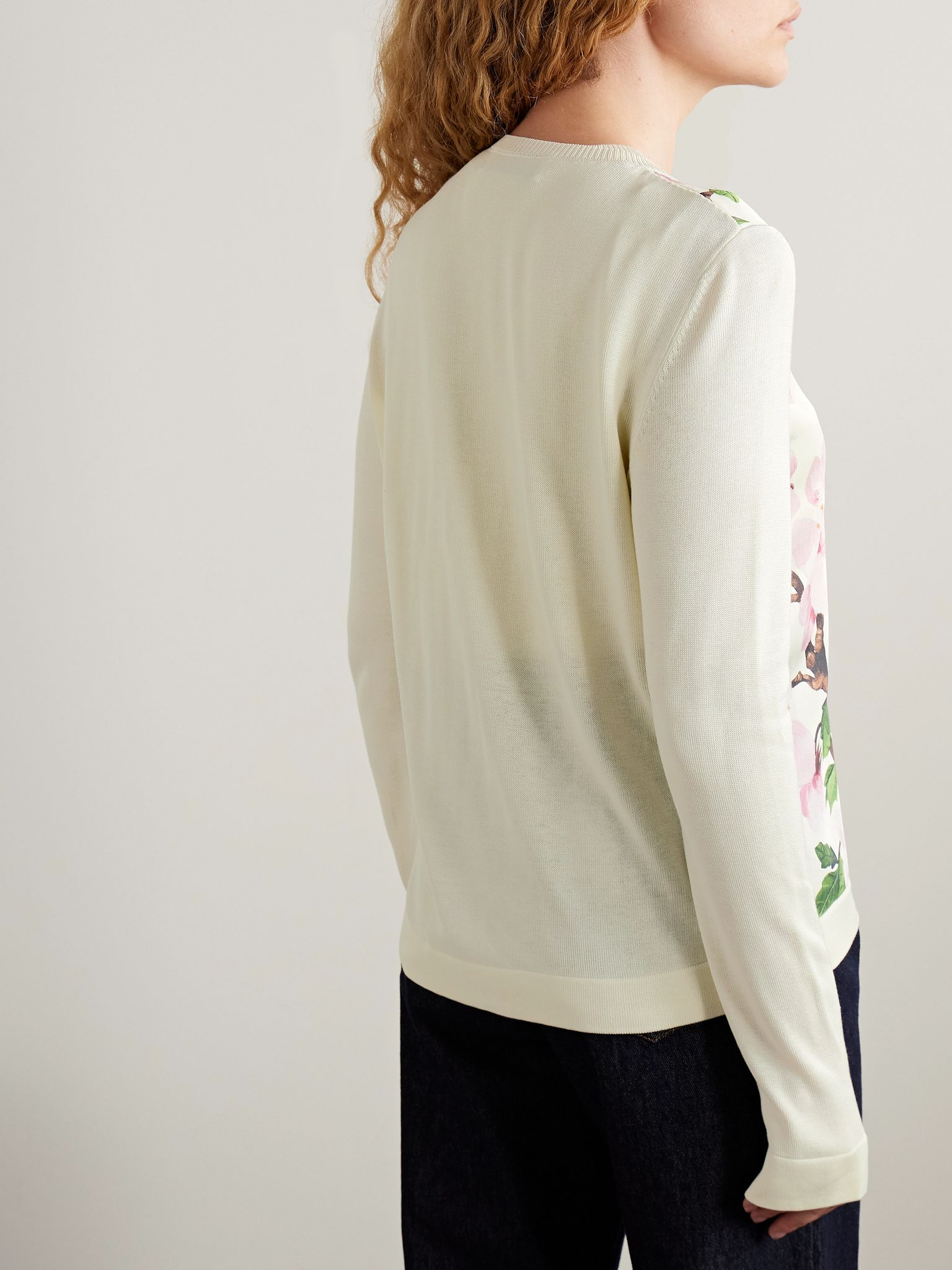 Paneled knitted and floral-print silk-blend twill cardigan Ecru - 4