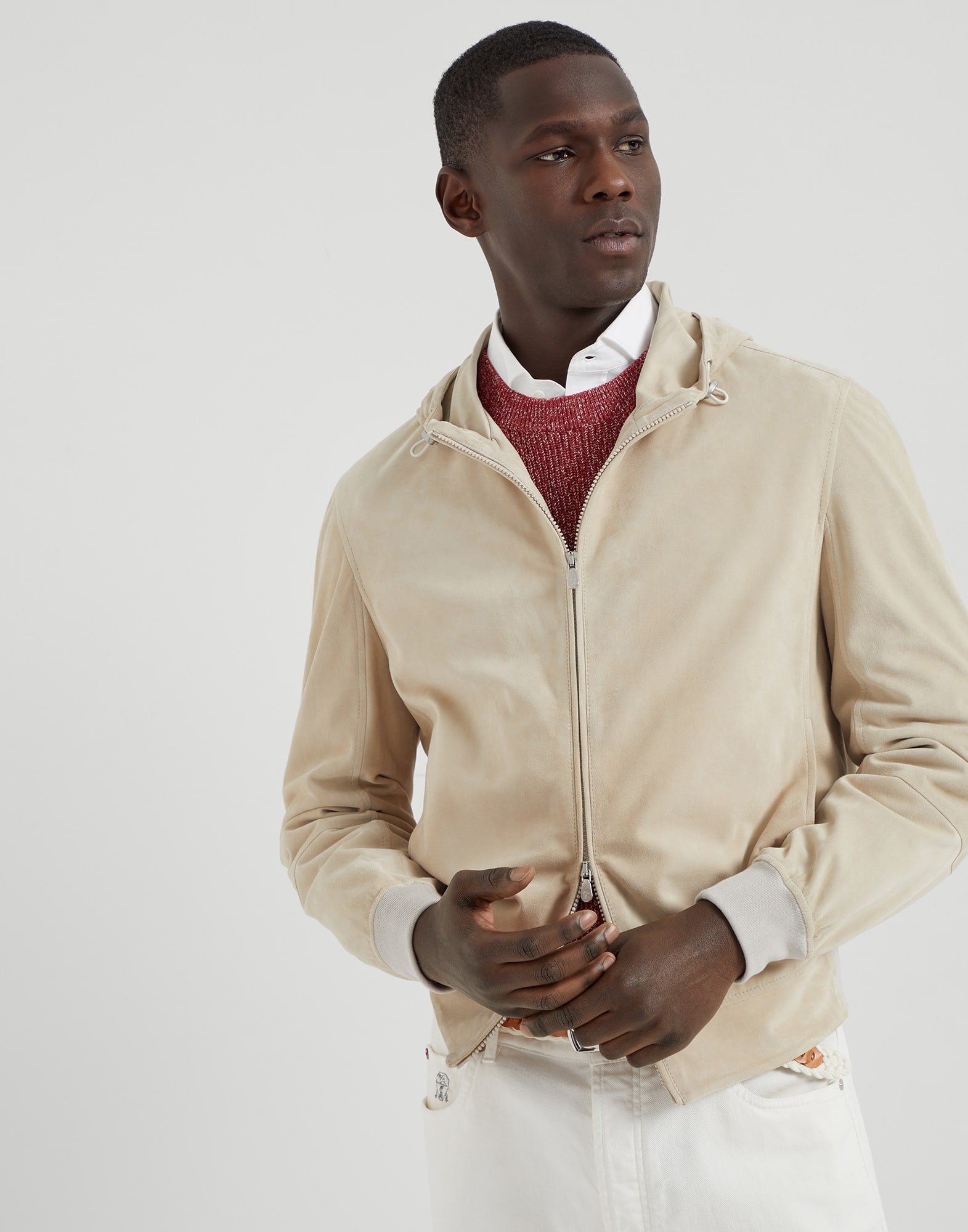 Suede sweatshirt with hood, zipper and knit inserts - 1