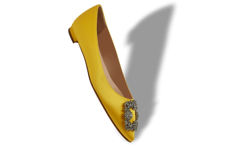 Manolo Blahnik Yellow Satin Jewel Buckle Flat Shoes outlook