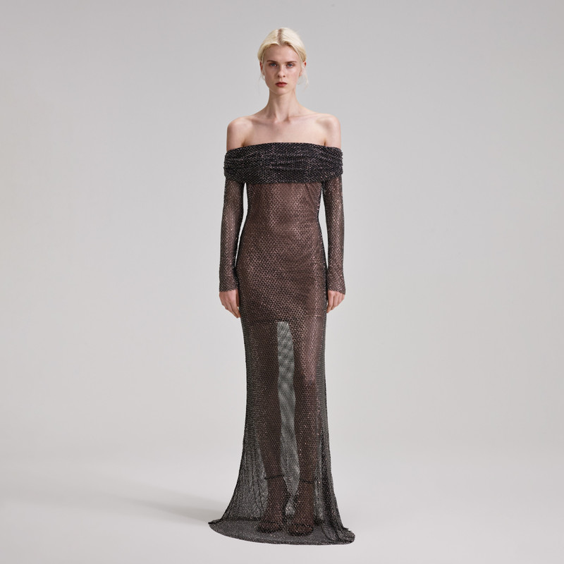 chinese dress ladies Long Rhinestone Fishnet Prom Dress with Sheer Corset Black / 2