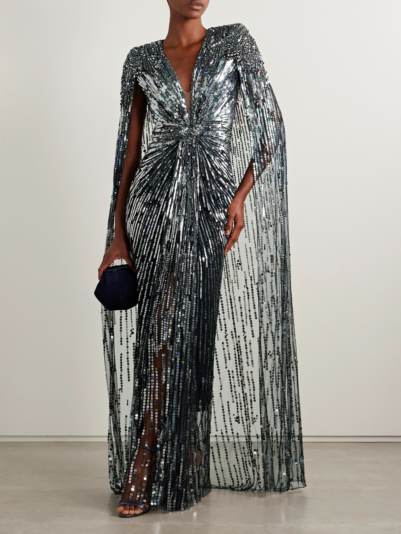 Gold Rush cape-effect embellished tulle gown Black - 2