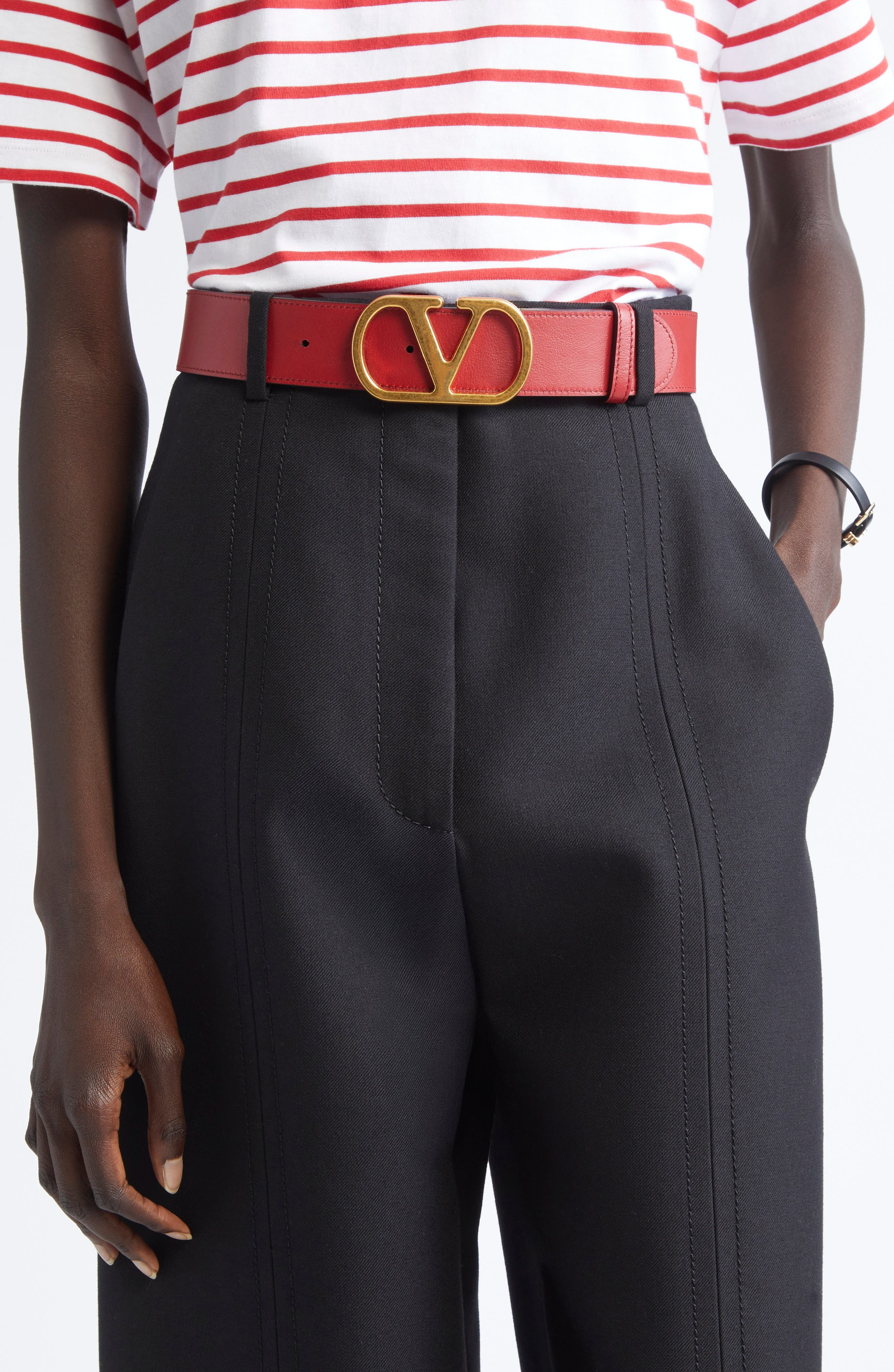 Valentino Garavani VLOGO Signature Reversible Leather Belt in Nero/Rosso V at Nordstrom - 5