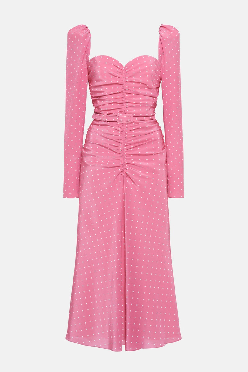 POLKA DOT PRINT SILK DRAPED DRESS WITH BELT - 1
