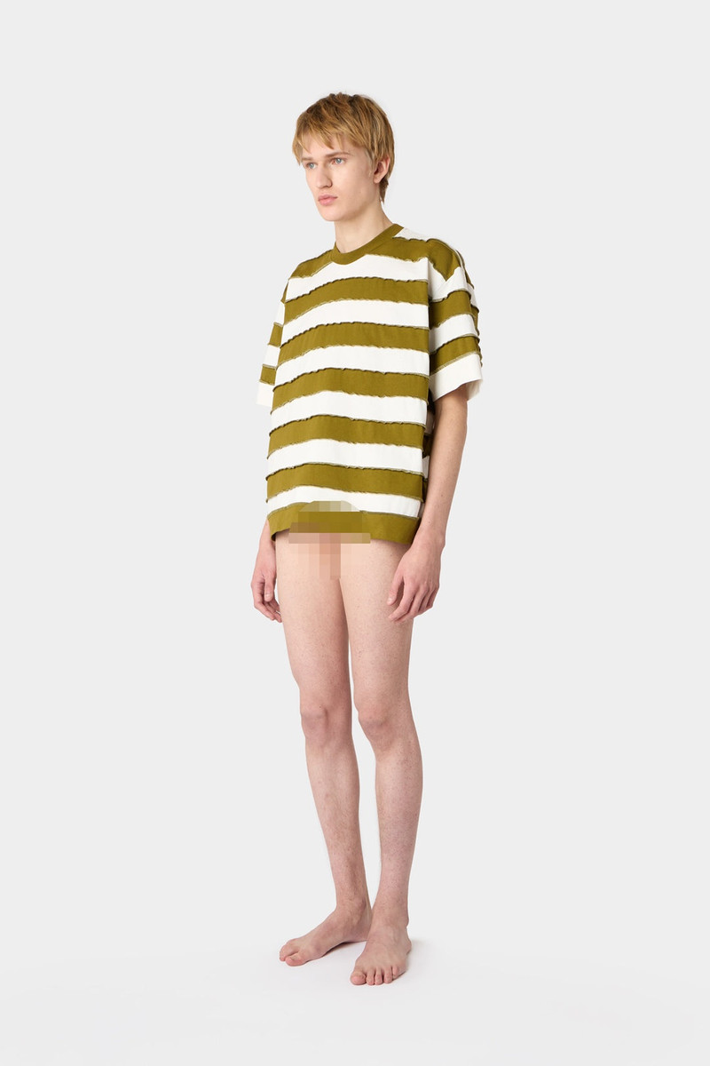 OVER T-SHIRT W/ CUTS / green & white stripes 4