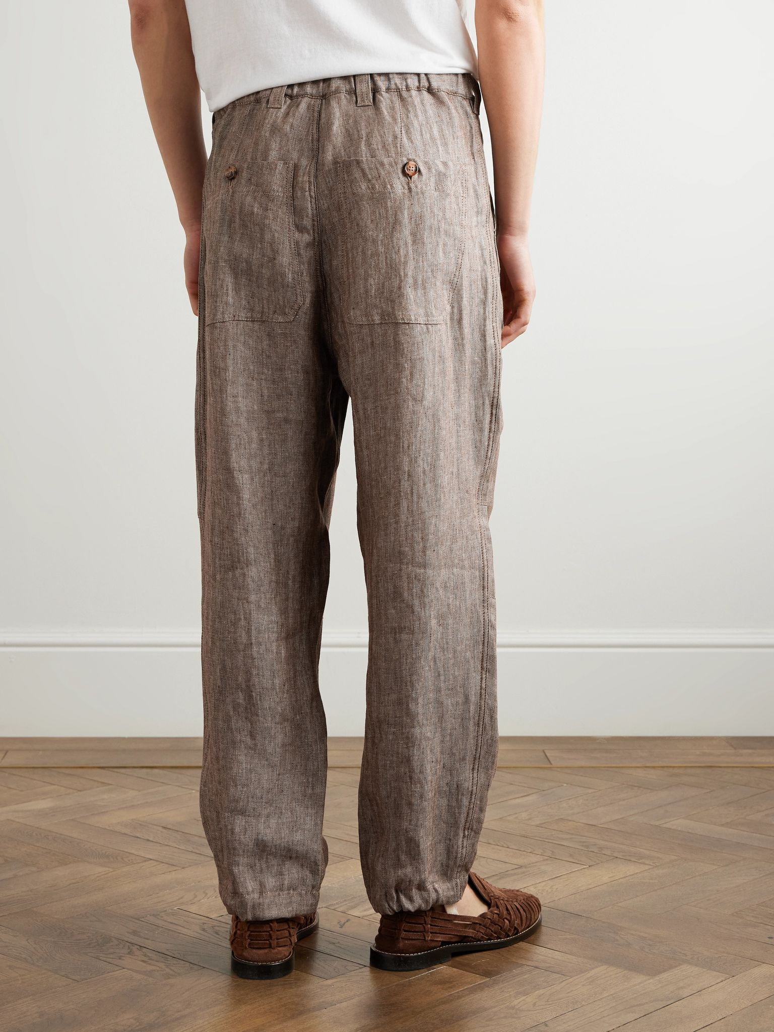 Straight-Leg Herringbone Linen Trousers Gray - 4