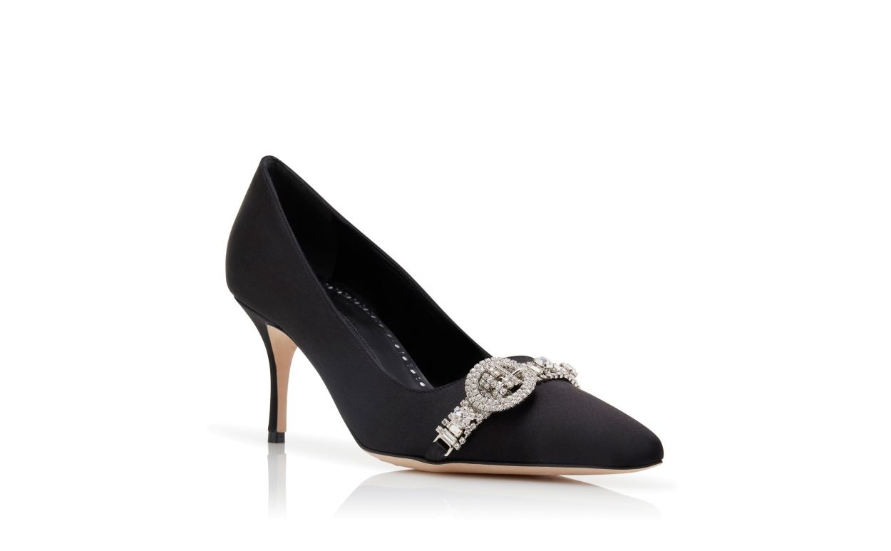 Black Satin Jewel Embellished Pumps - 3