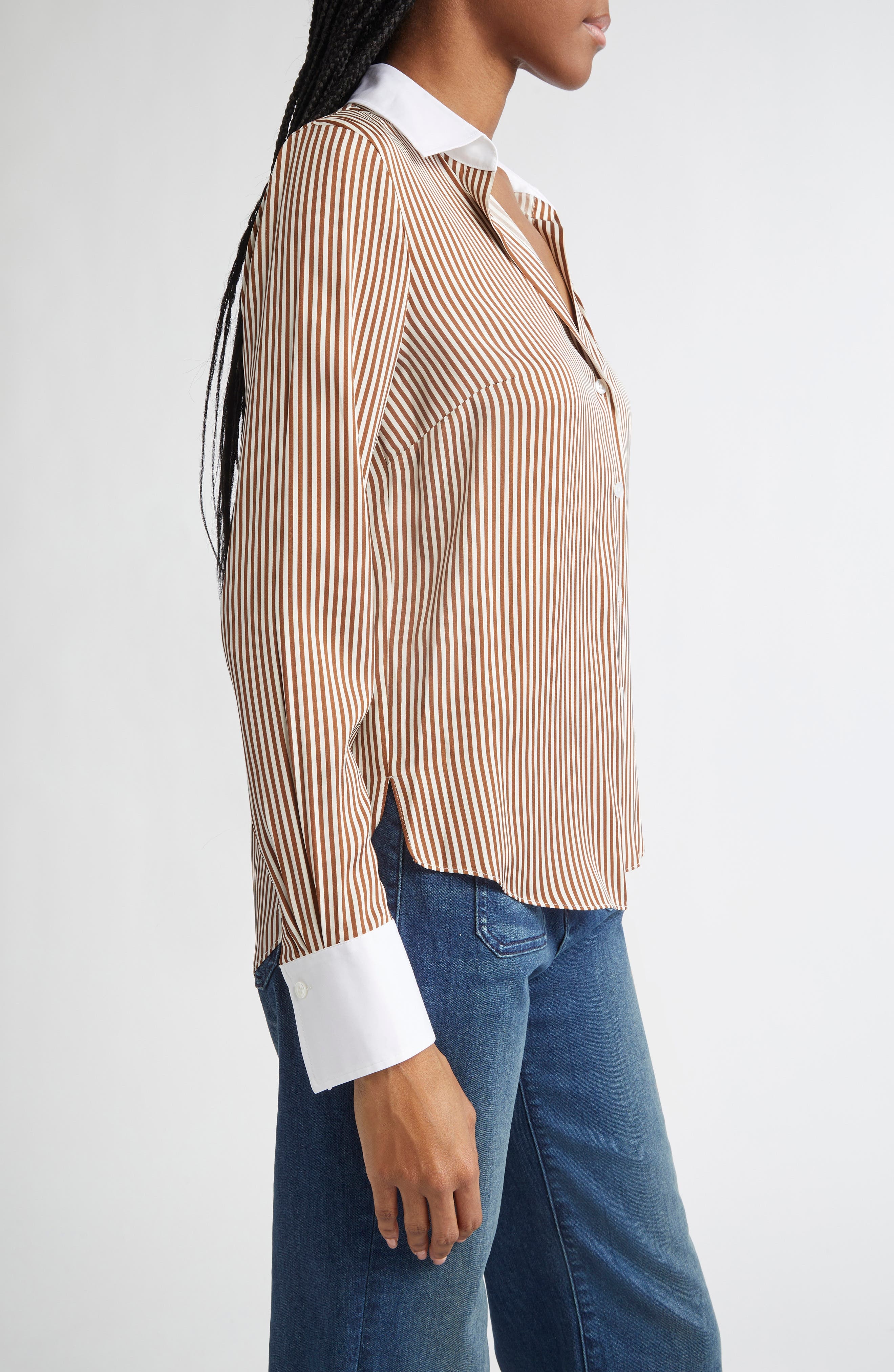 Veronica Beard Amelia Stripe Silk Blend Button-Up Shirt in Whisky Off White at Nordstrom - 3