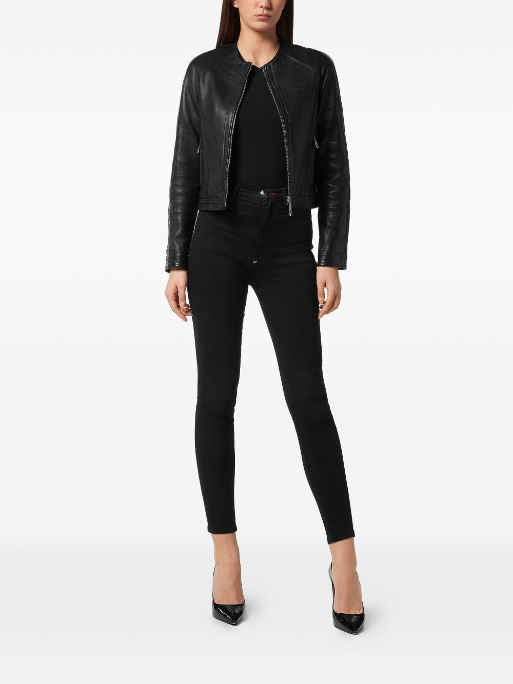 embroidered-logo zip-front leather jacket - 2