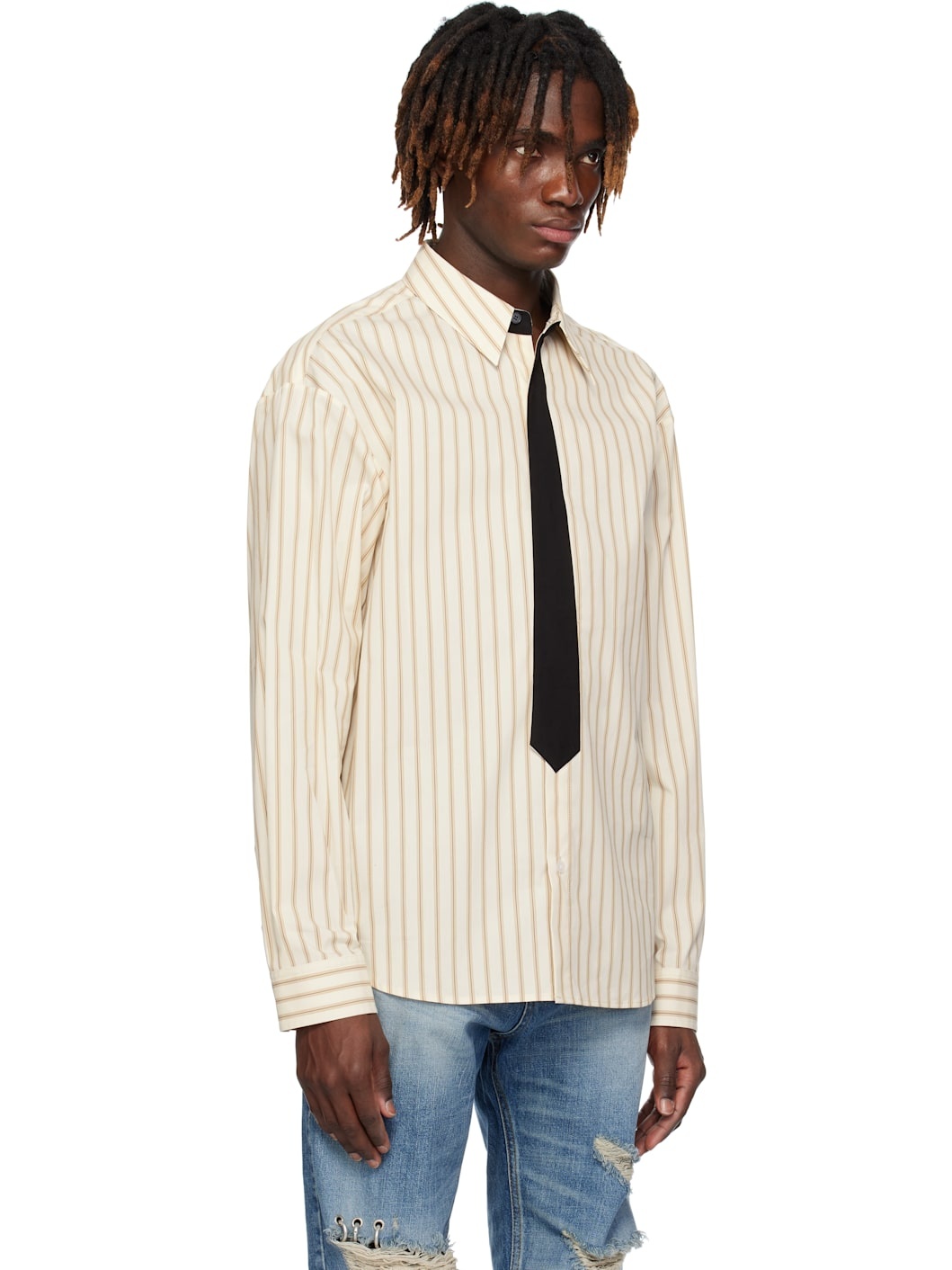 Beige Necktie Striped Shirt - 2