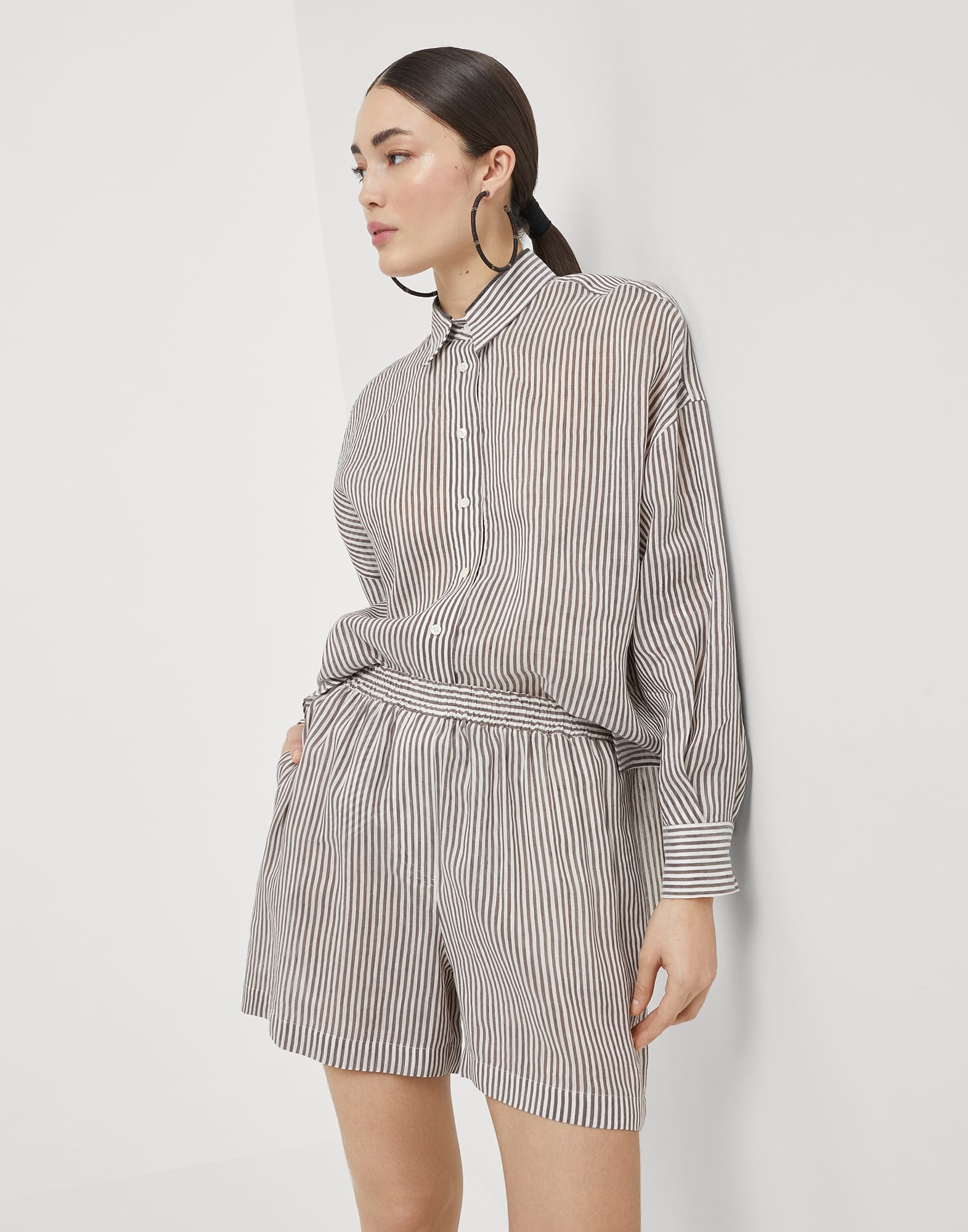 Striped linen and silk organza shirt with shiny collar detail - 4