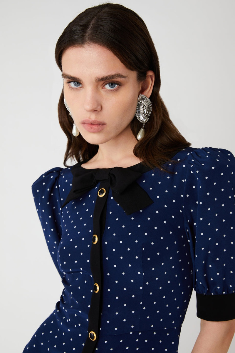 POLKA DOT PRINT SILK MINI DRESS W/JWL BUTTONS, BOW 6