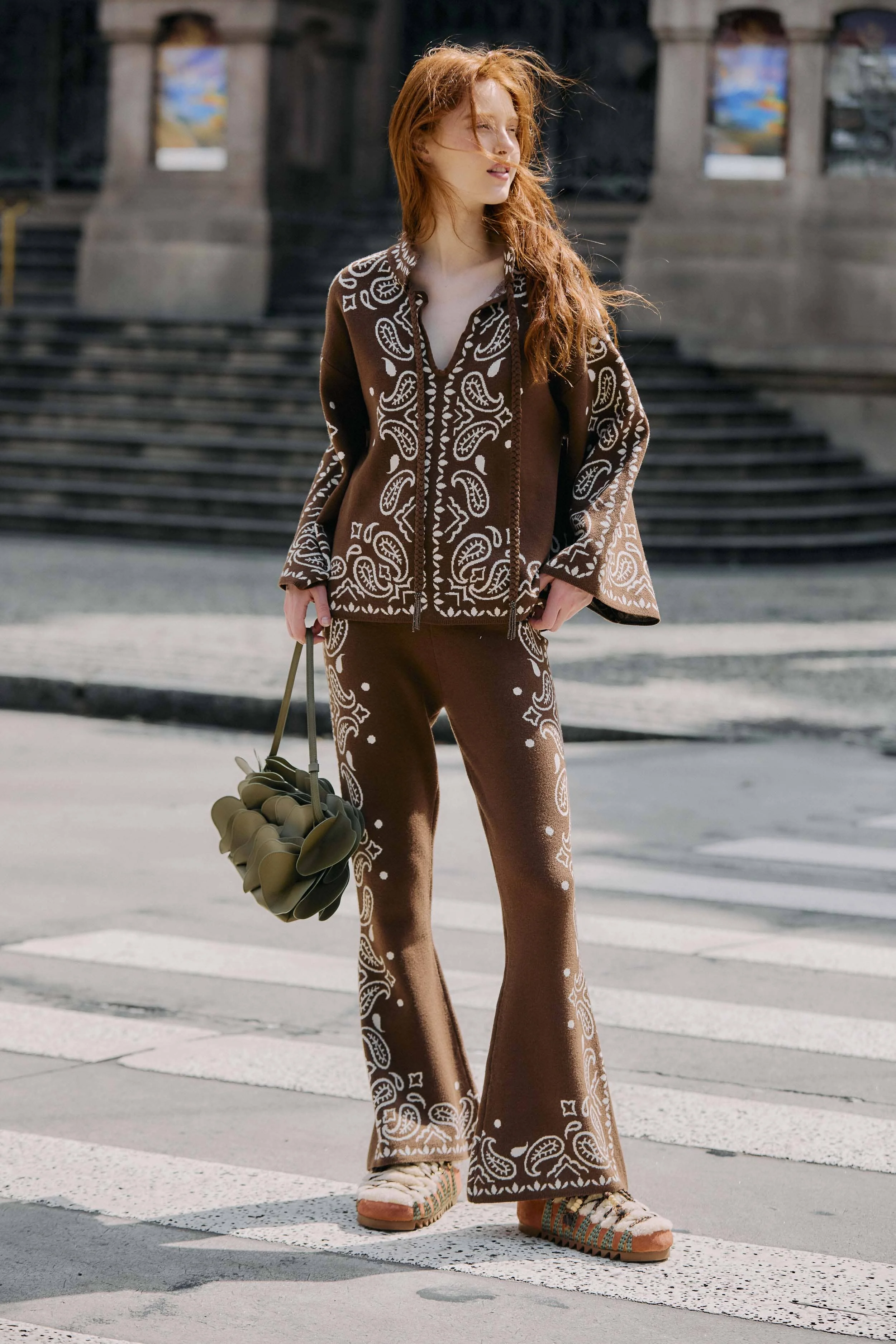 Brown Bohemian Paisley Flare Knit Pants - 1