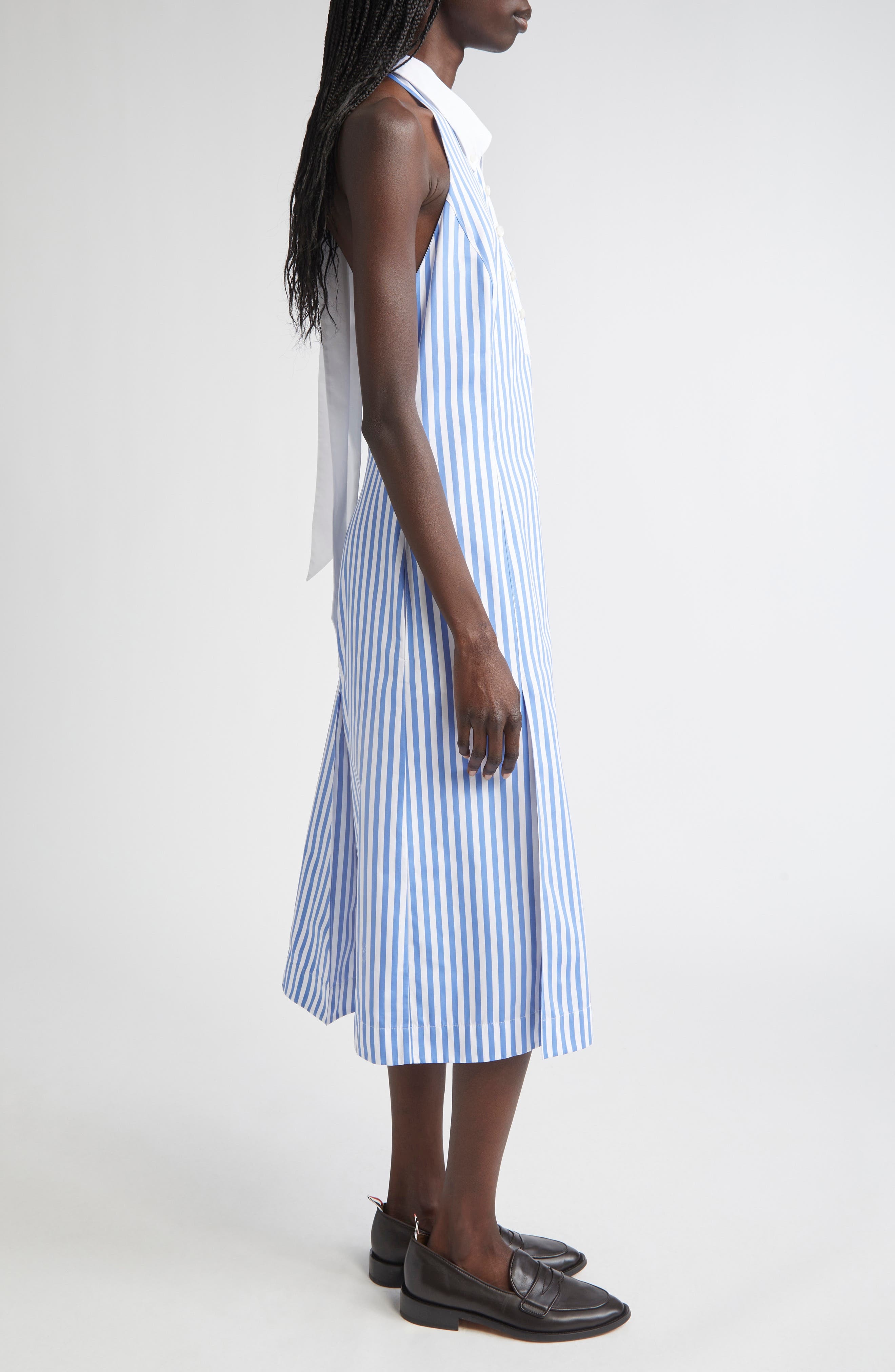 Thom Browne Awning Stripe Cotton Poplin Halter Polo Dress in Medium Blue at Nordstrom - 3