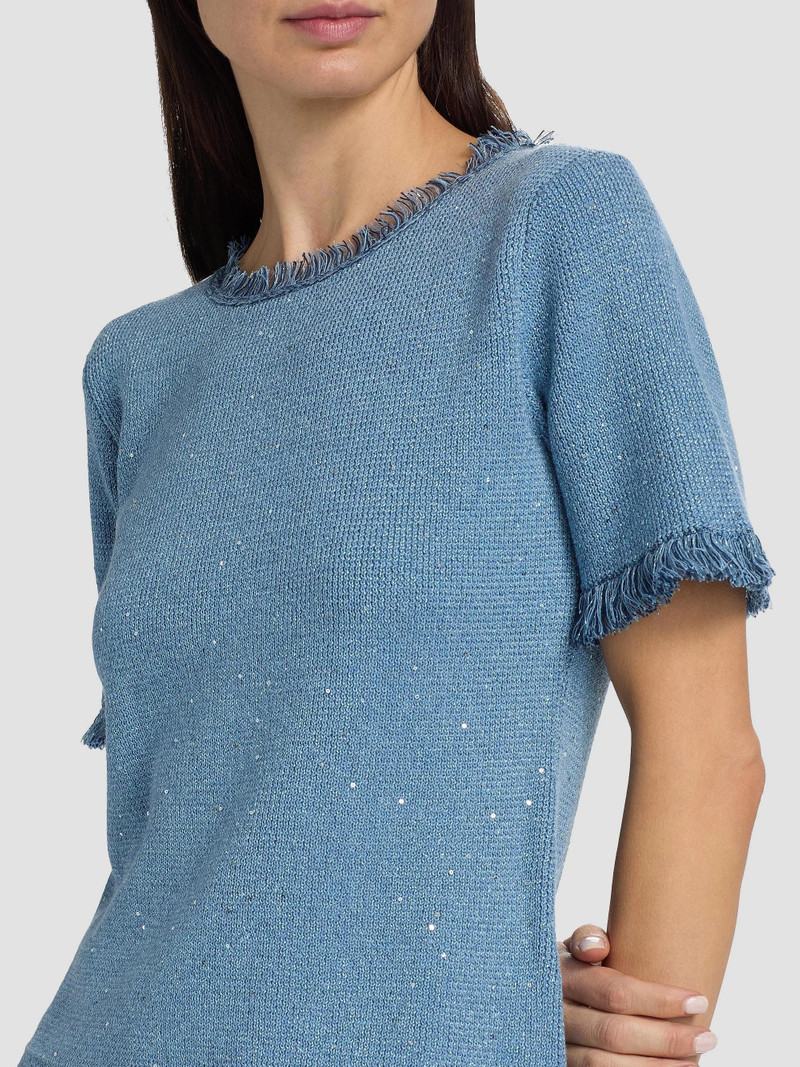 Women's Kate Fray-Trim Short-Sleeve Linen-Blend Sweater - Blue 6